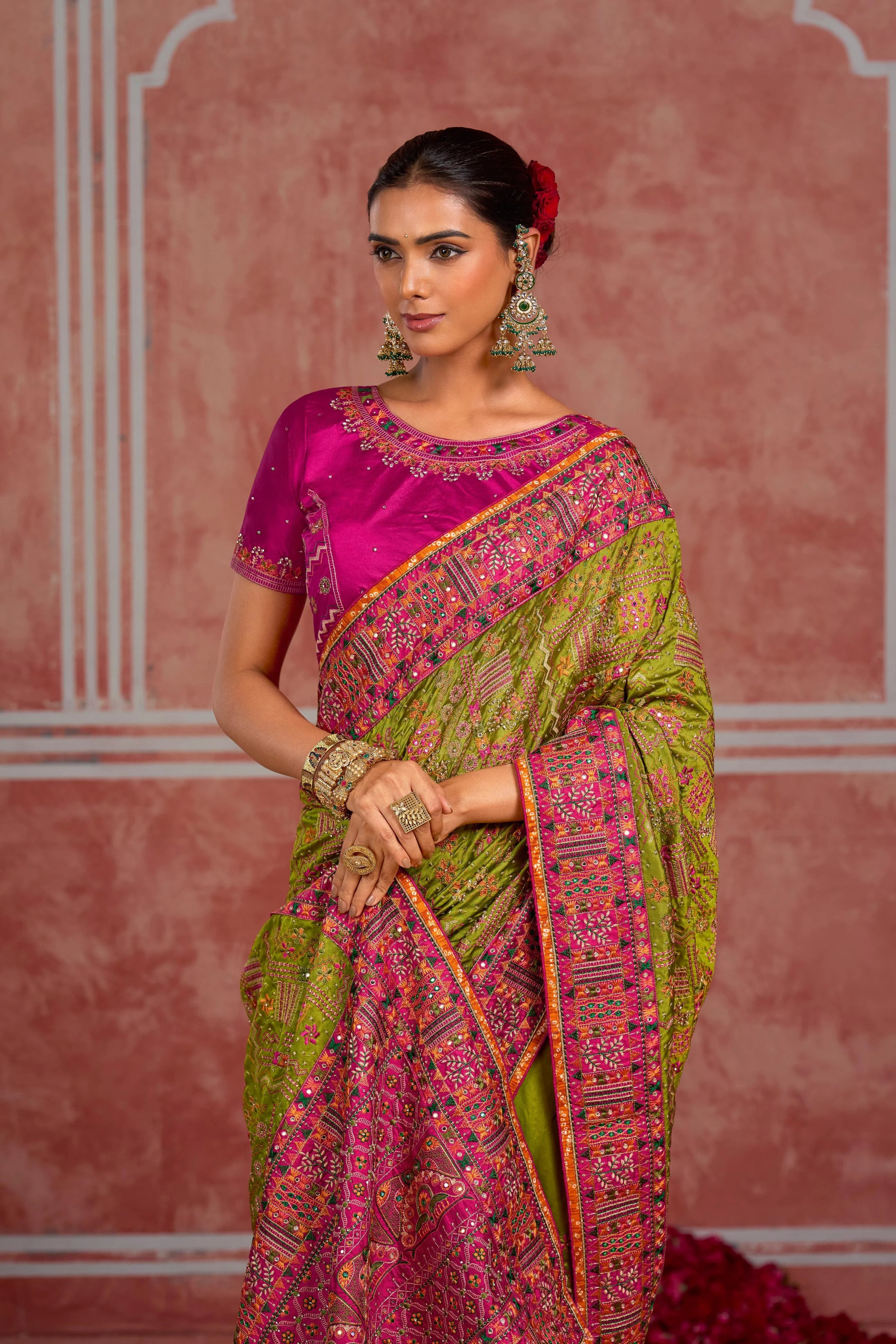 Pure Kachhi Wedding Wear Parrot With Mirror Work