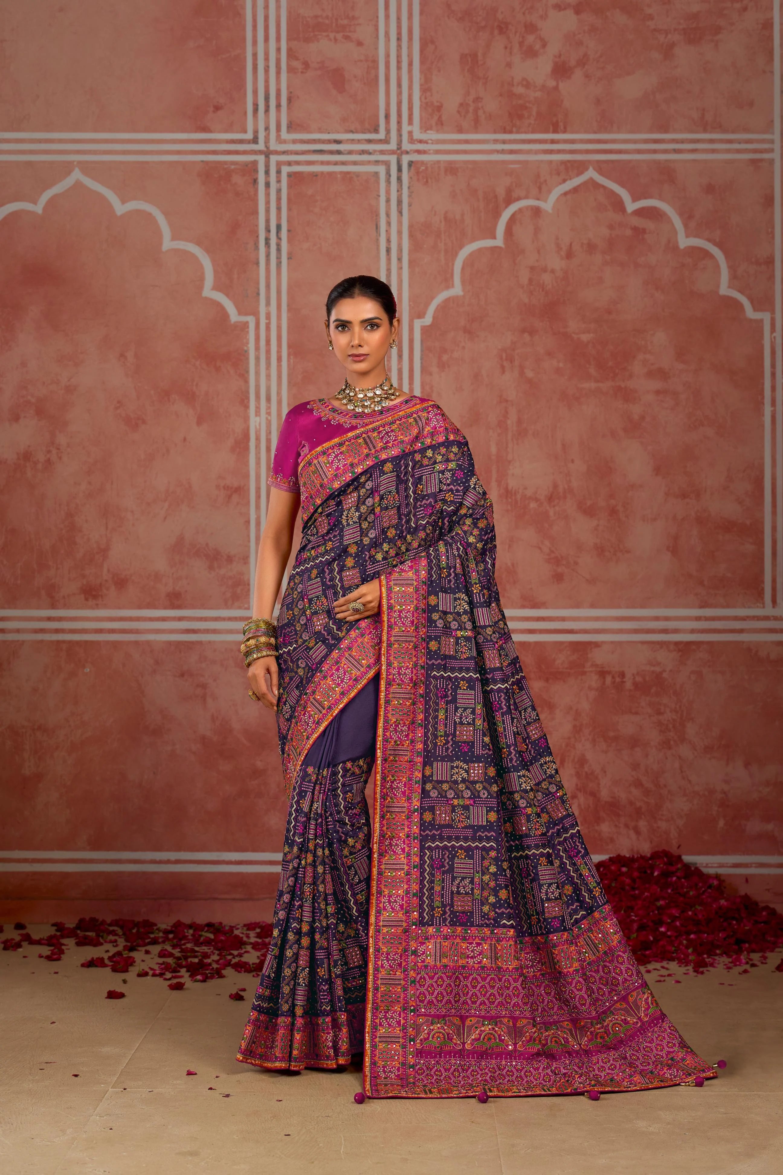 Pure Kachhi Wedding Wear Purple With Mirror Work