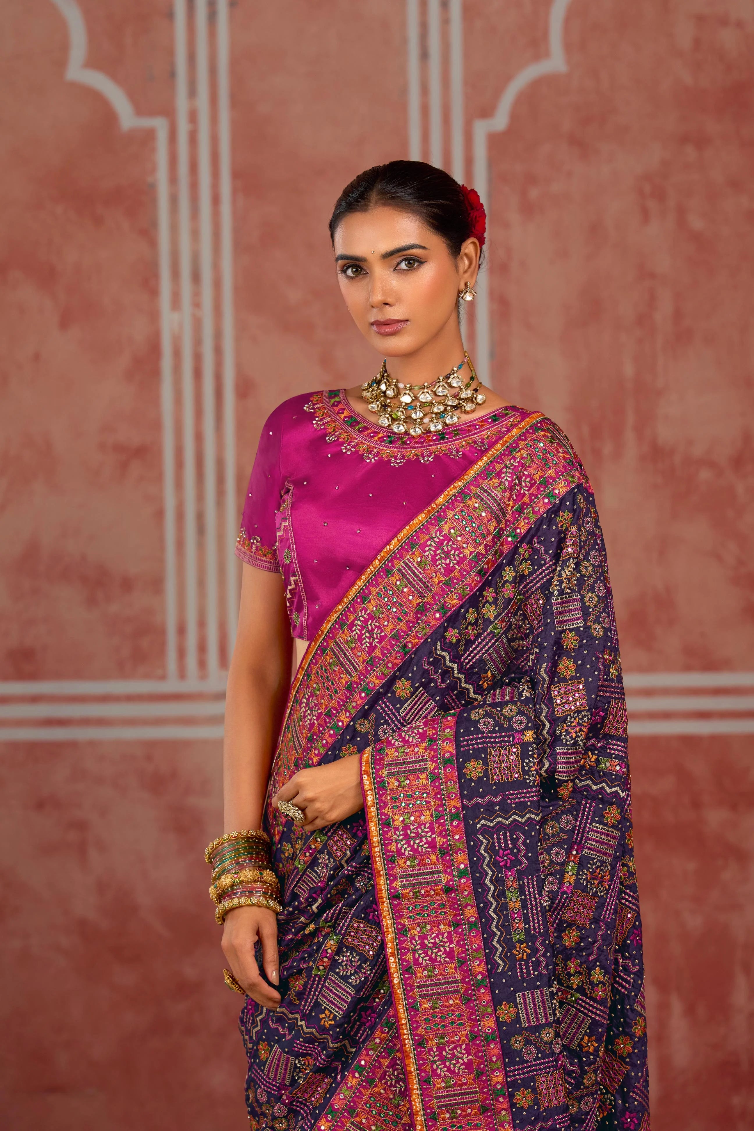 Pure Kachhi Wedding Wear Purple With Mirror Work