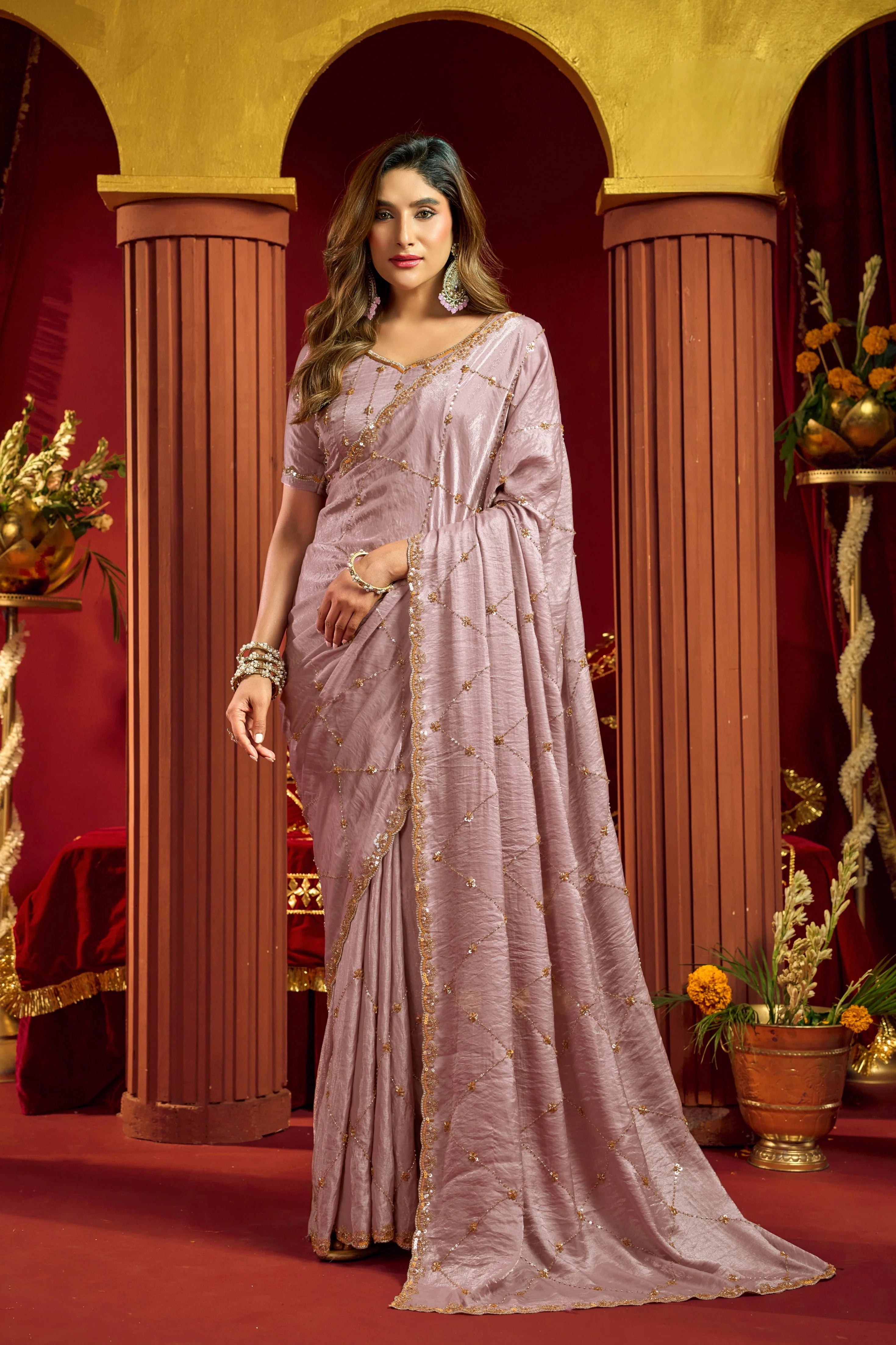 Premium Velvet Bliss Purple Festival Wear With Bead Work Saree
