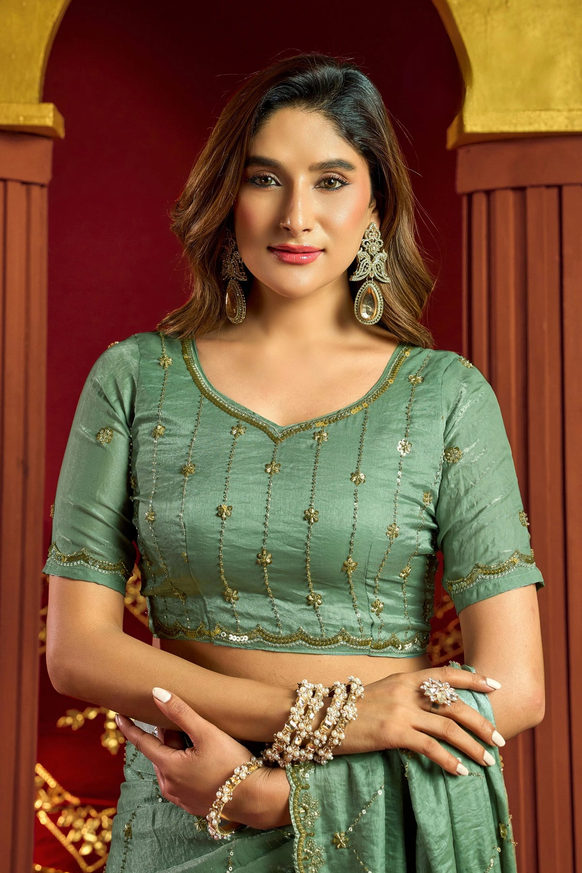 Premium Velvet Bliss Green Festival Wear With Bead Work Saree