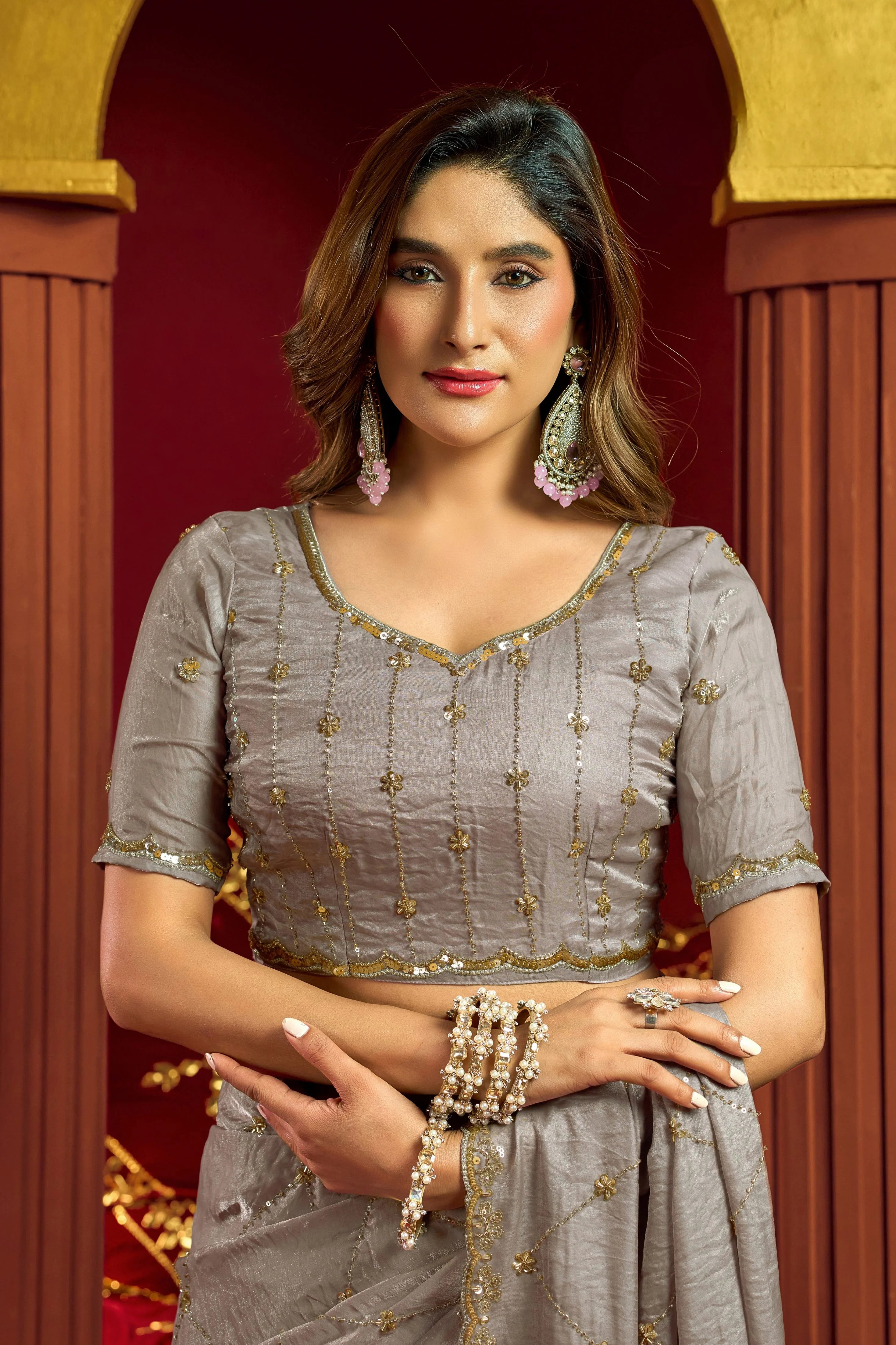 Premium Velvet Bliss Grey Festival Wear With Bead Work Saree