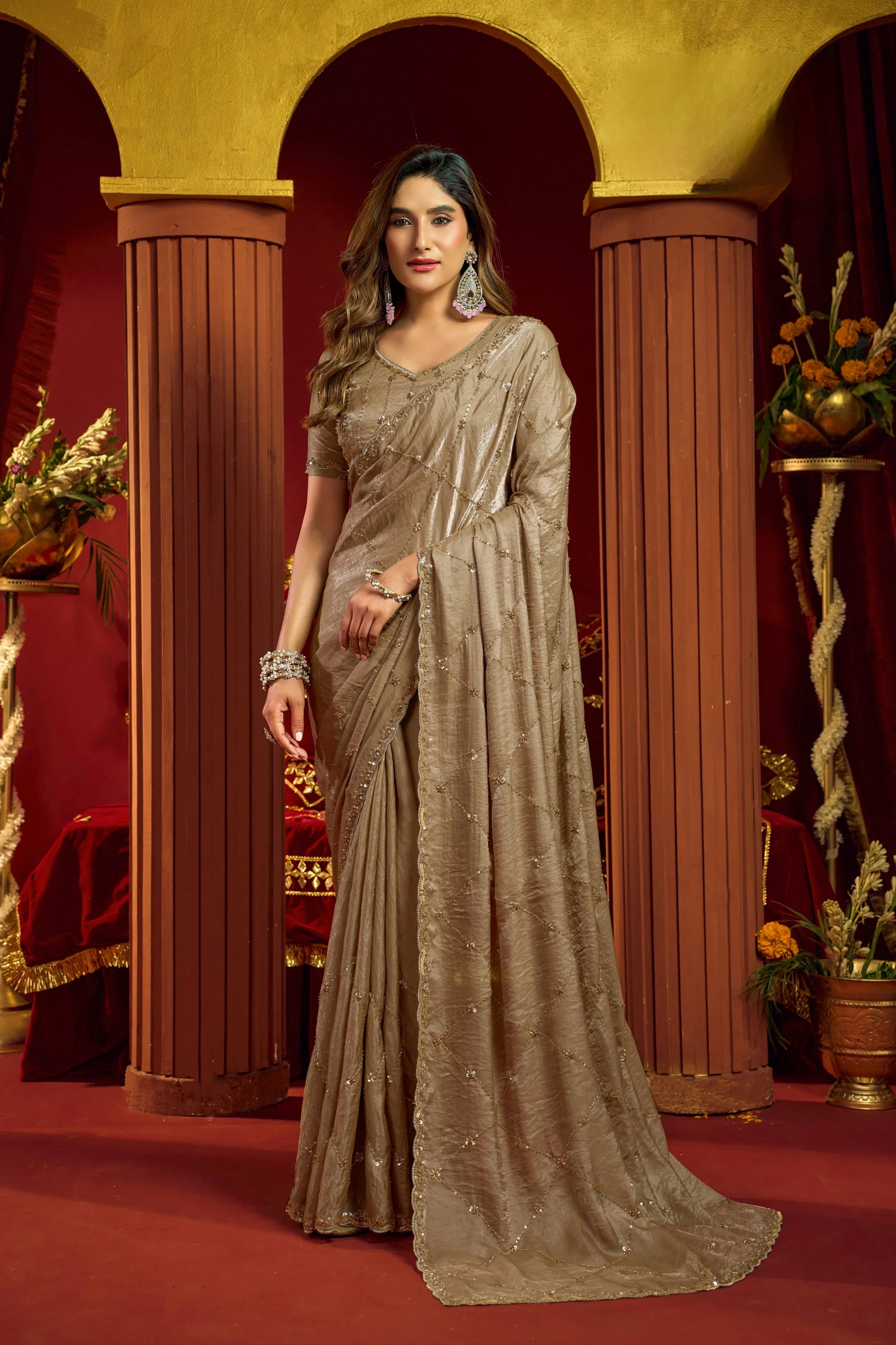 Premium Velvet Bliss Beige Festival Wear With Bead Work Saree