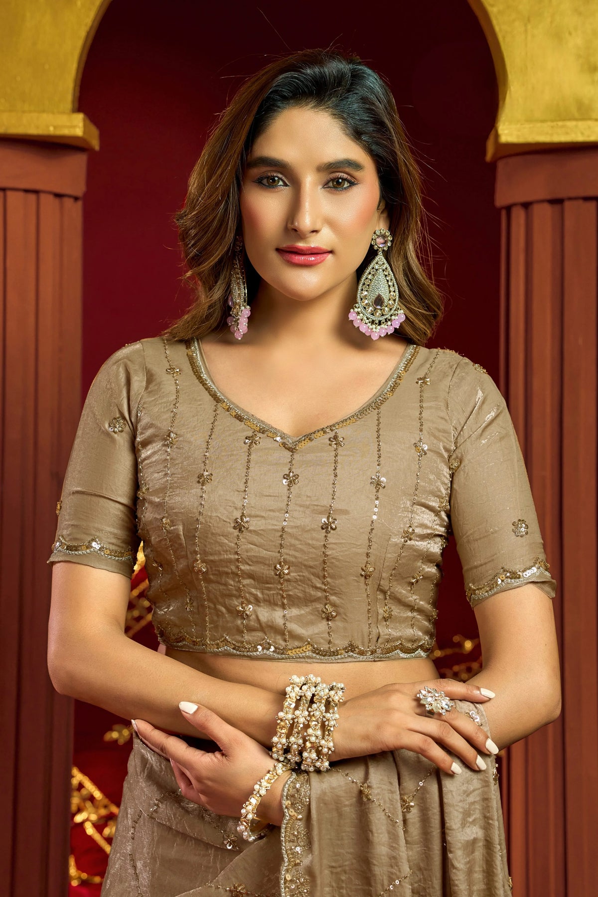 Premium Velvet Bliss Beige Festival Wear With Bead Work Saree