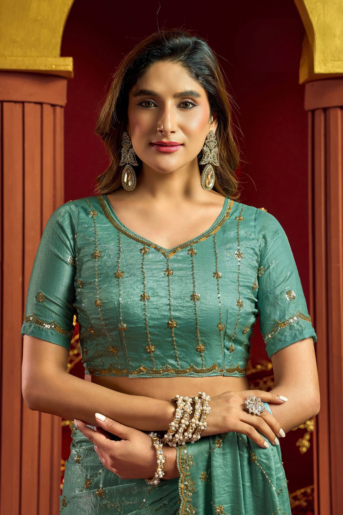 Premium Velvet Bliss Teal Festival Wear With Bead Work Saree