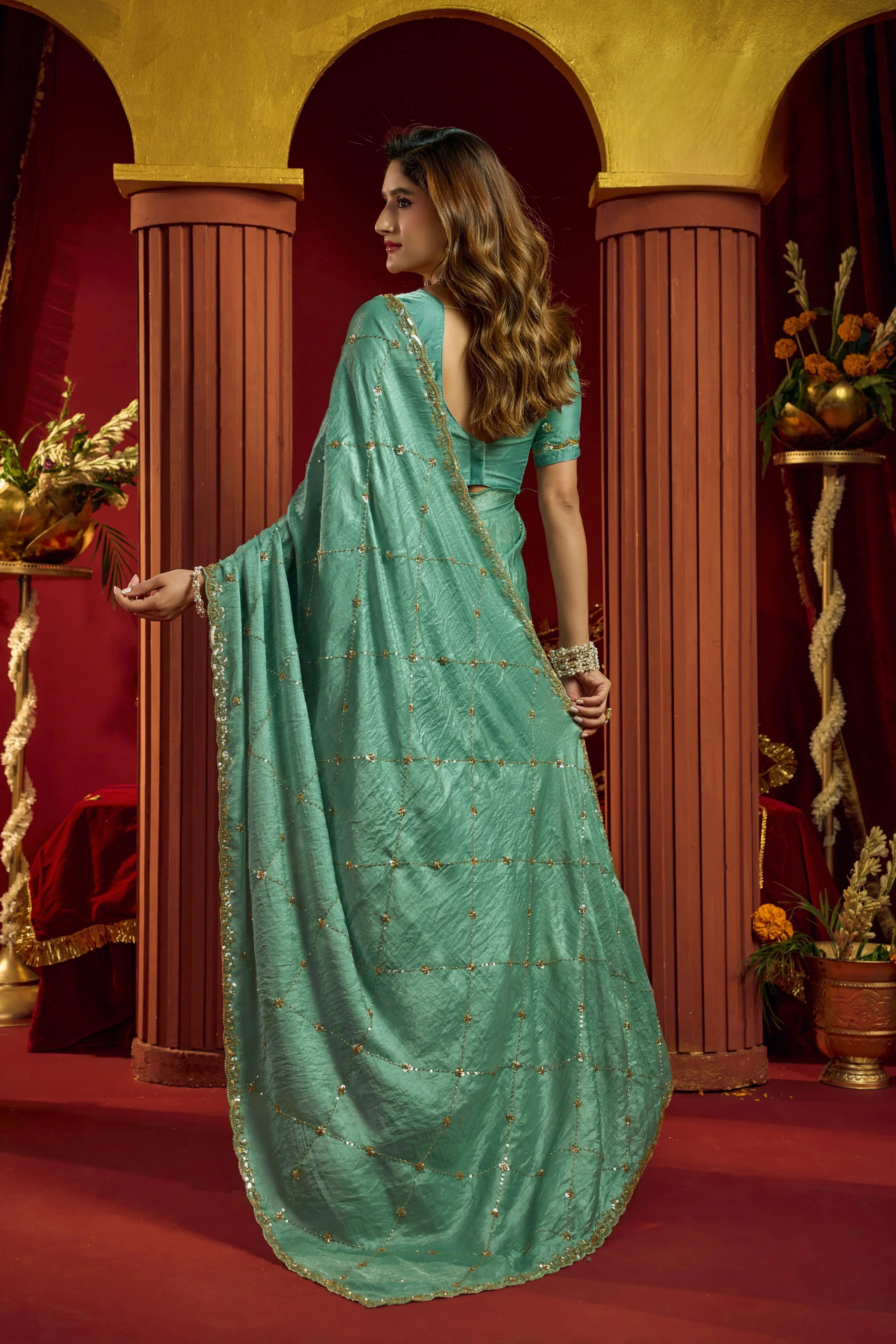 Premium Velvet Bliss Teal Festival Wear With Bead Work Saree