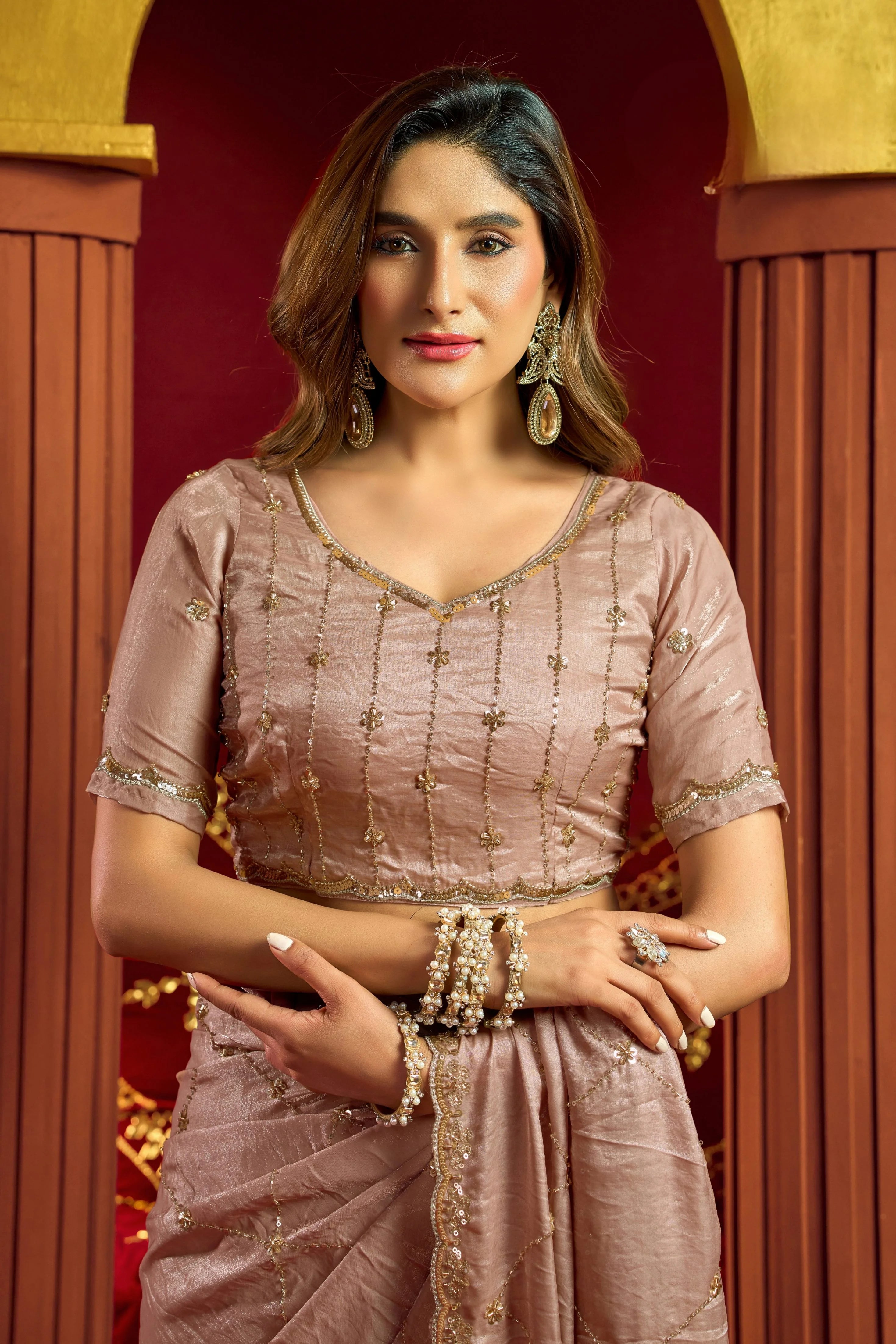 Premium Velvet Bliss Mauve Festival Wear With Bead Work Saree