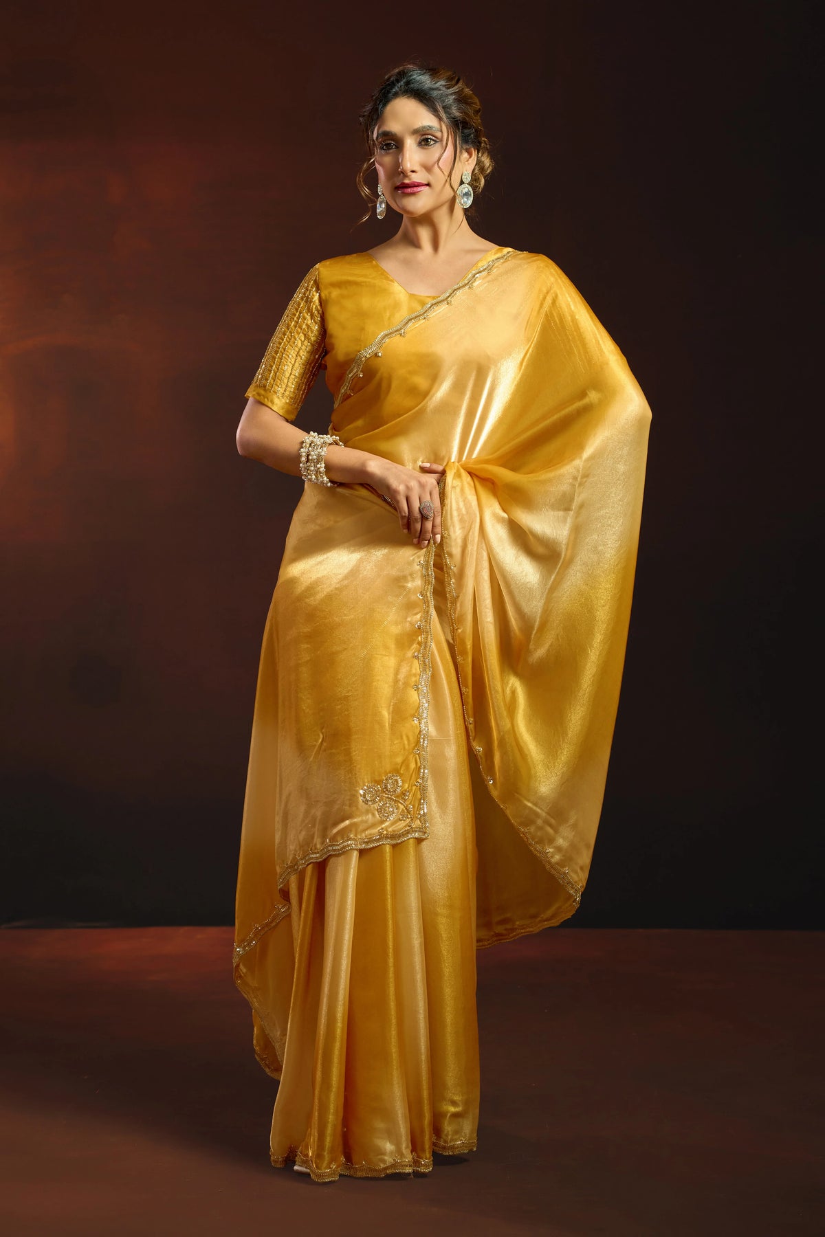 Fendy Satin Yellow Shaded Party Wear Saree