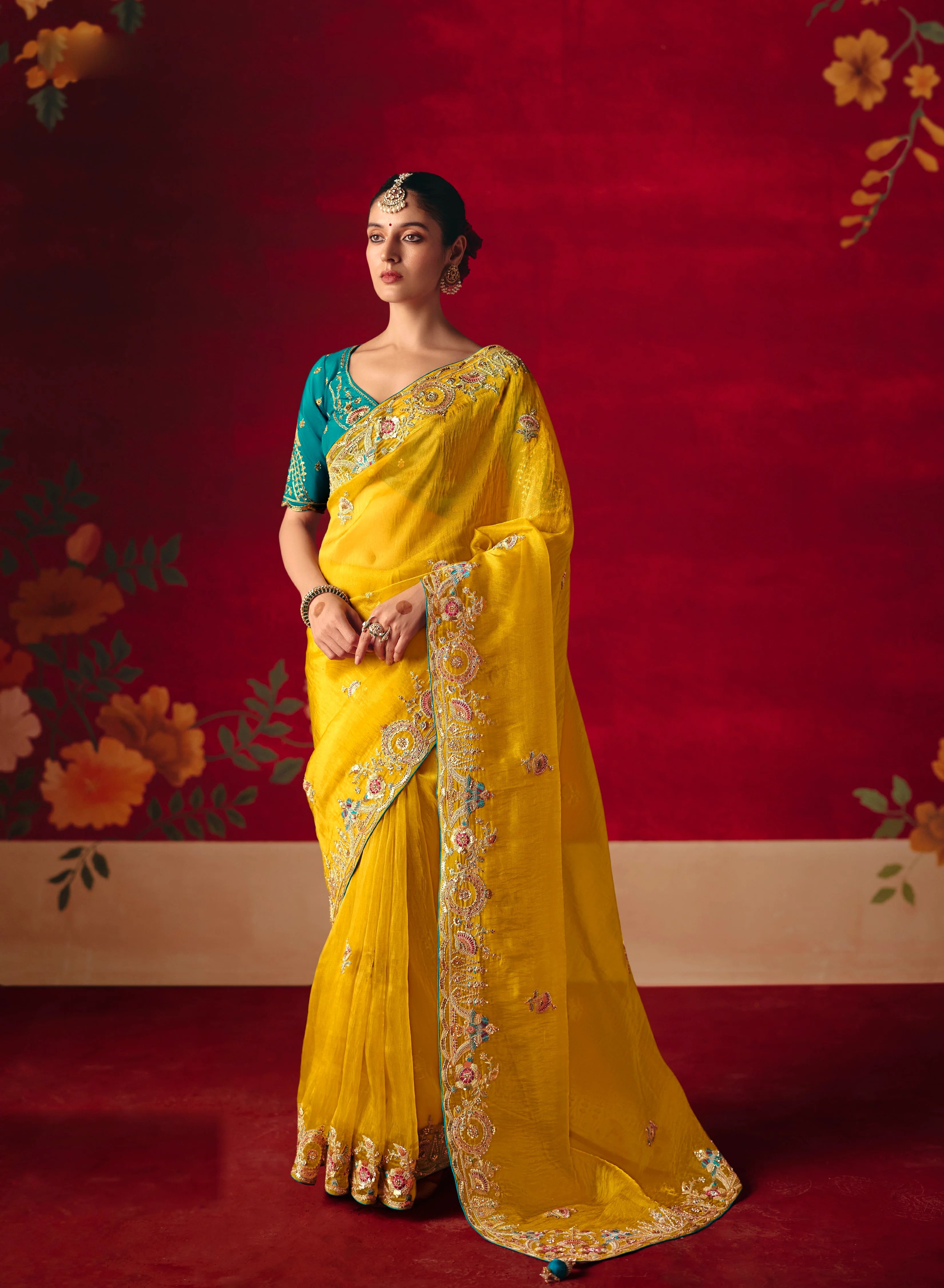 Organza Tissue Party Wear Yellow With Embroidered Work