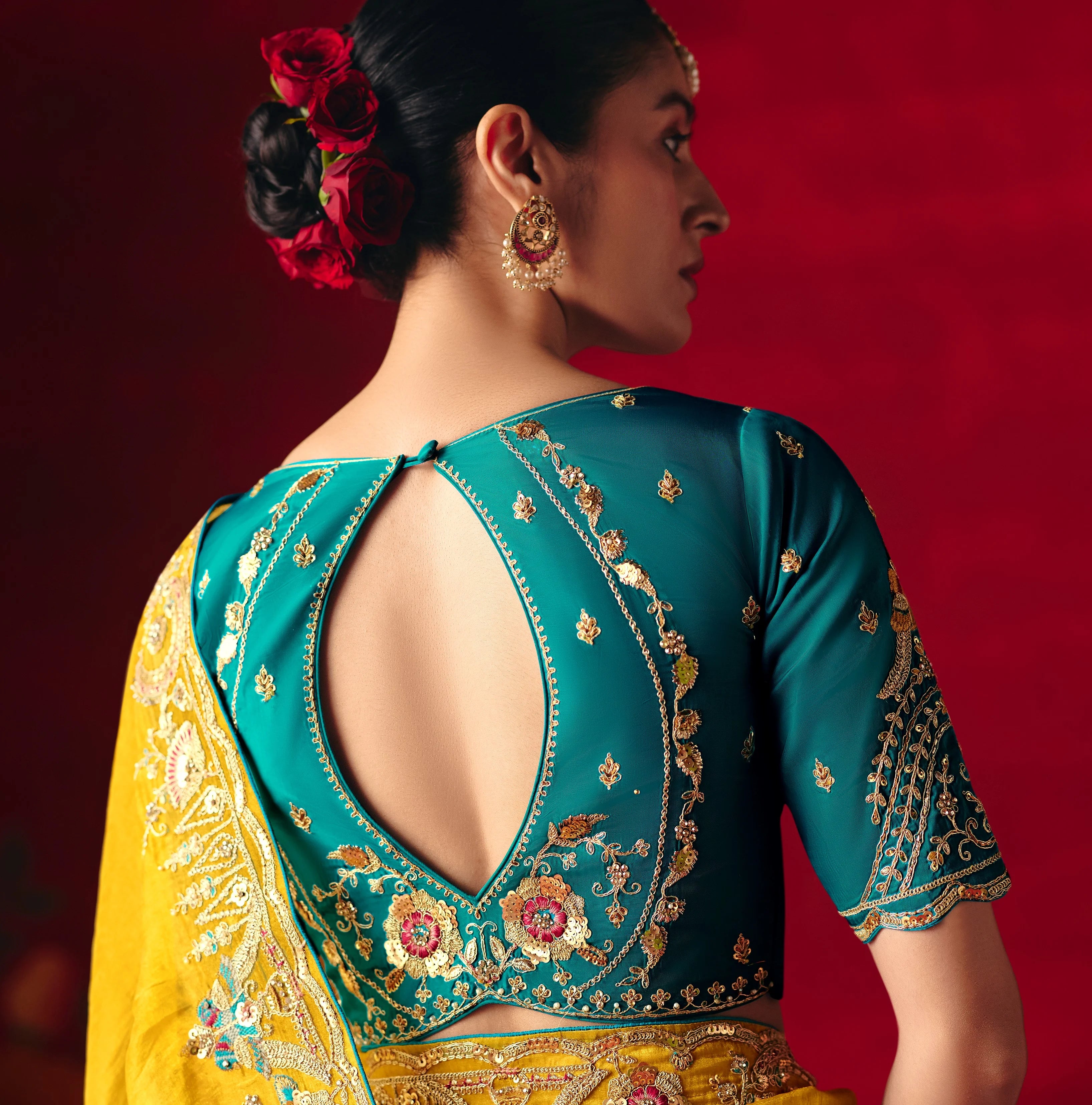 Organza Tissue Party Wear Yellow With Embroidered Work