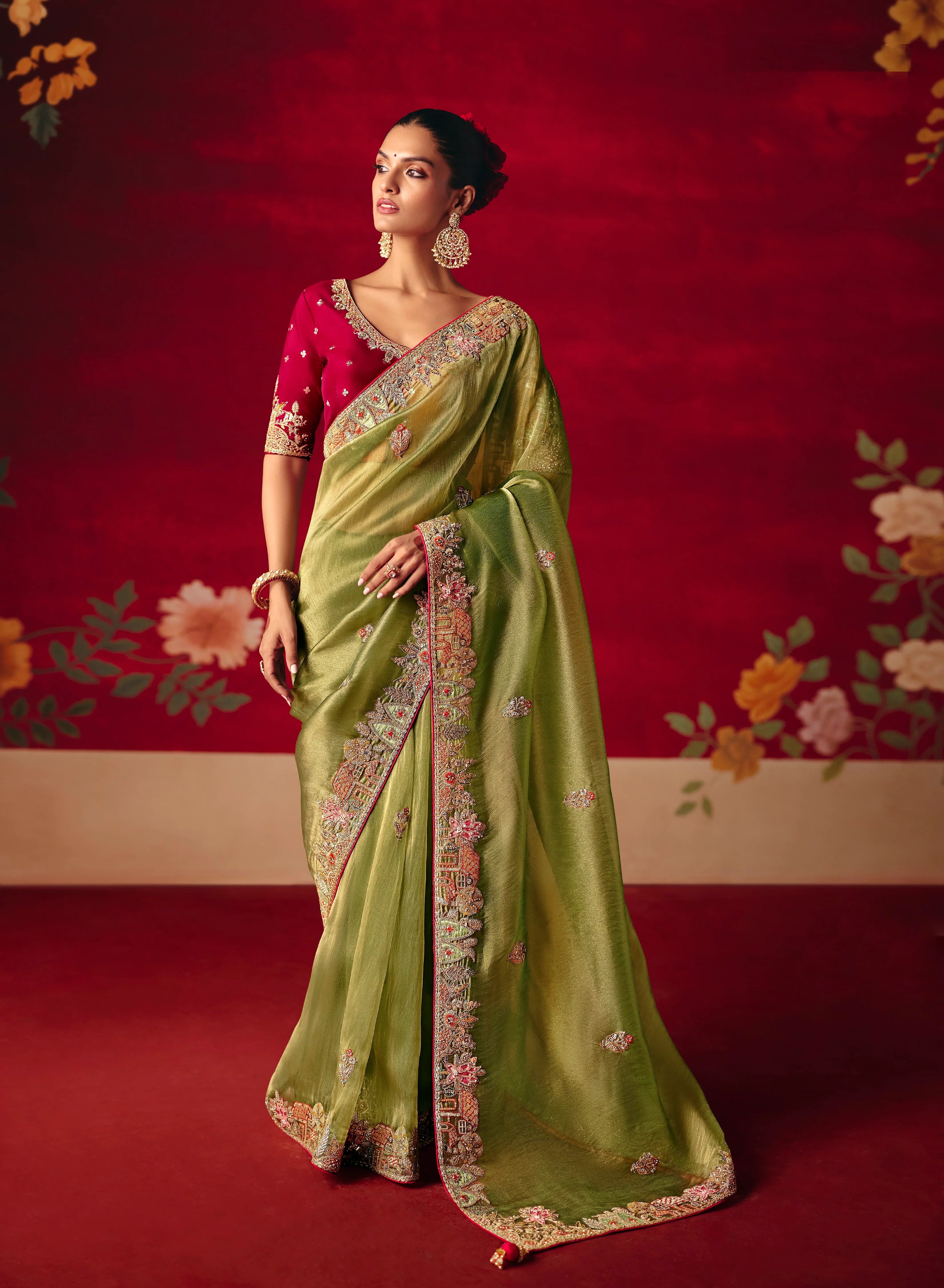 Organza Tissue Party Wear Green With Embroidered Work