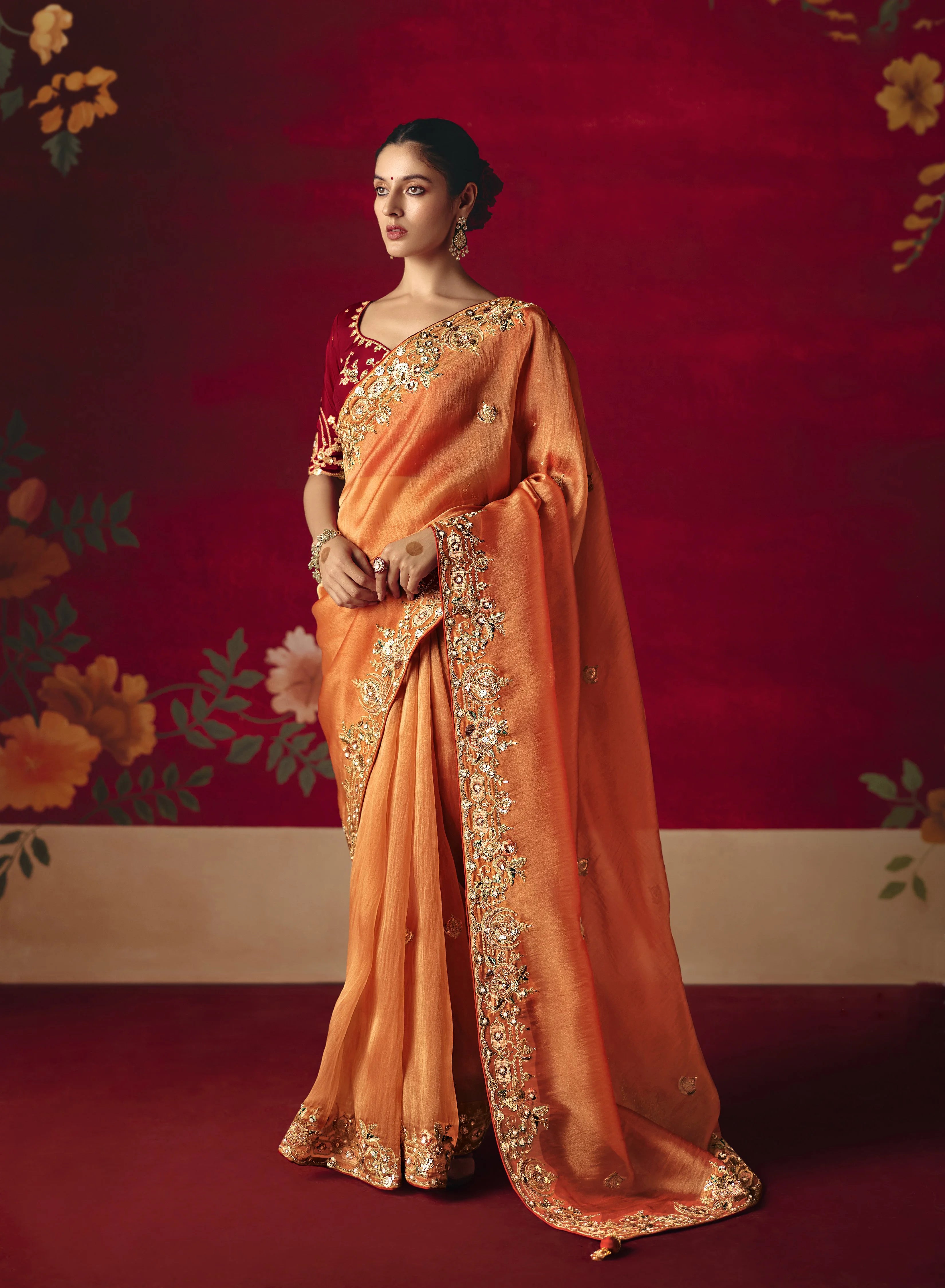 Organza Tissue Party Wear Orange With Embroidered Work