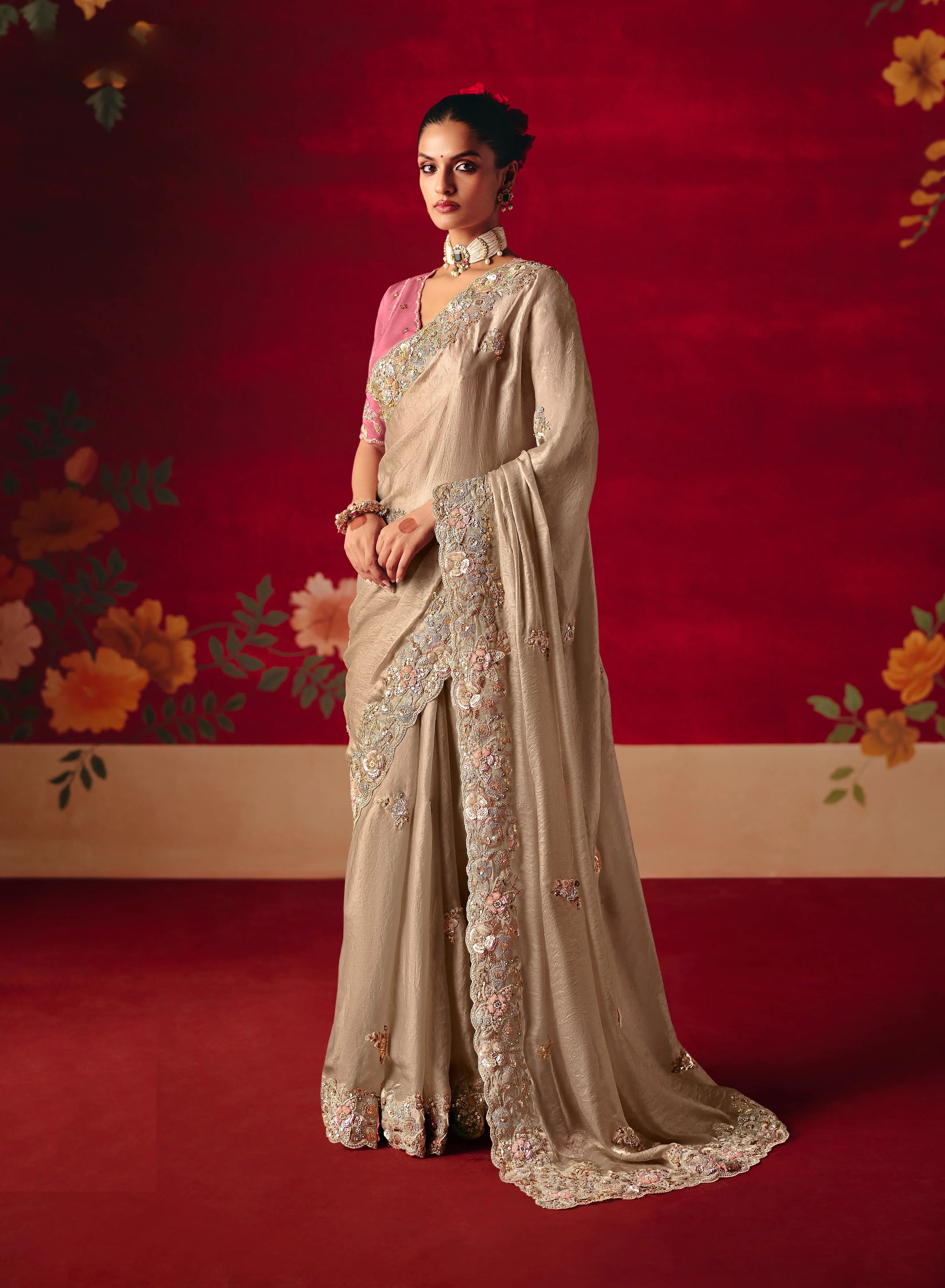 Organza Tissue Party Wear Beige With Embroidered Work