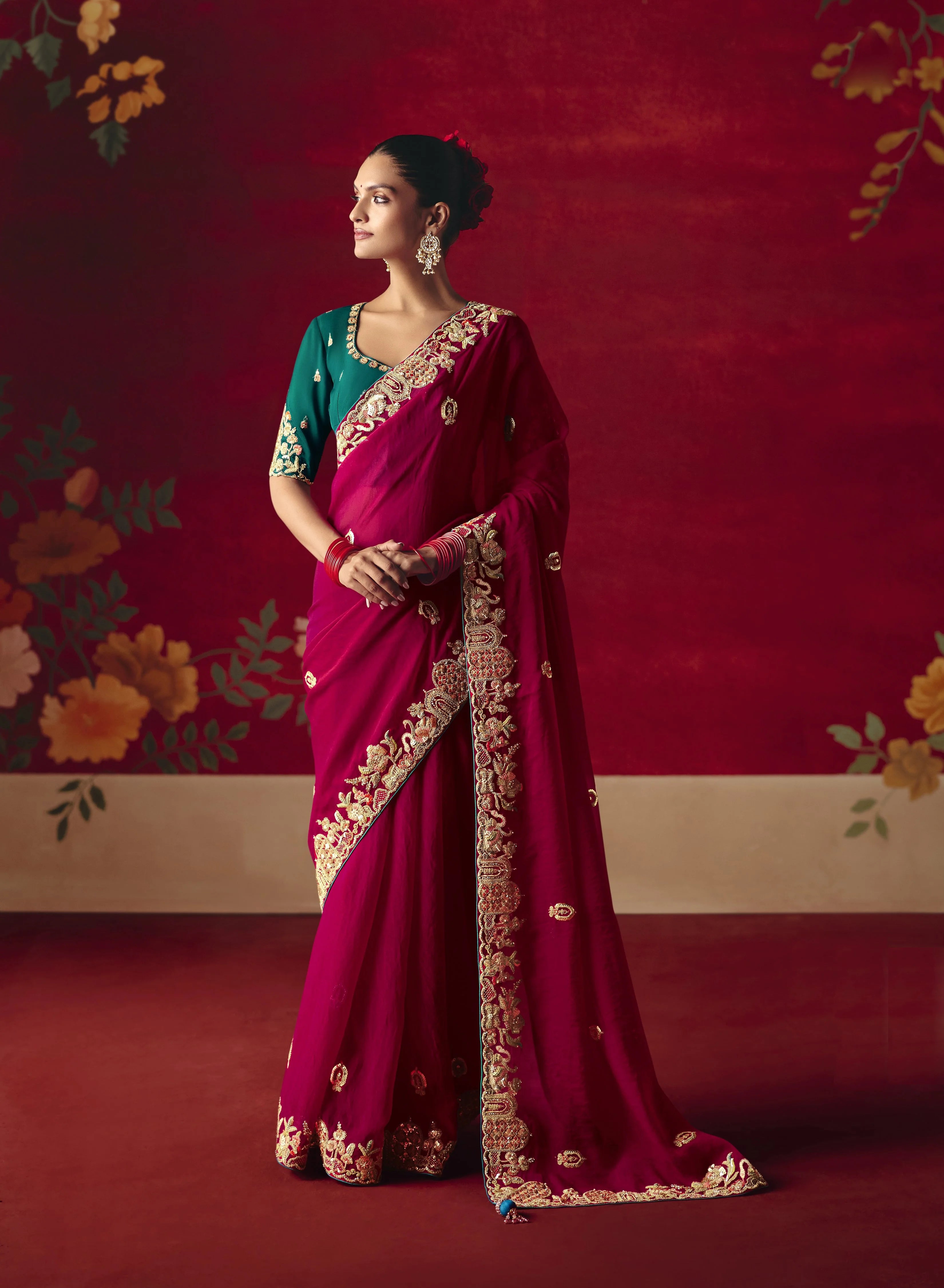 Organza Tissue Party Wear Rani Pink With Embroidered Work
