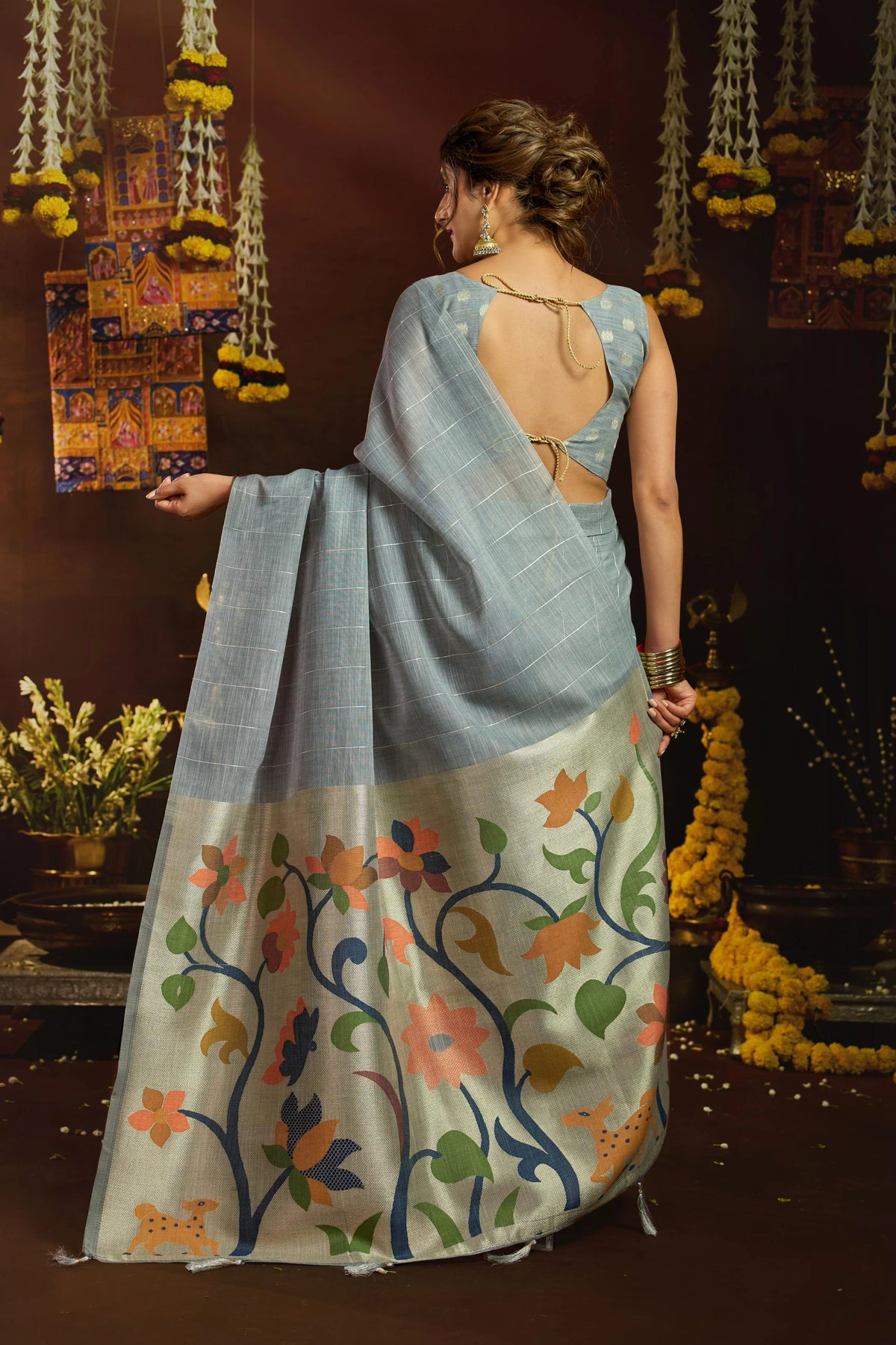 Linen Sequence Grey Casual Wear Jacquard Pallu Saree
