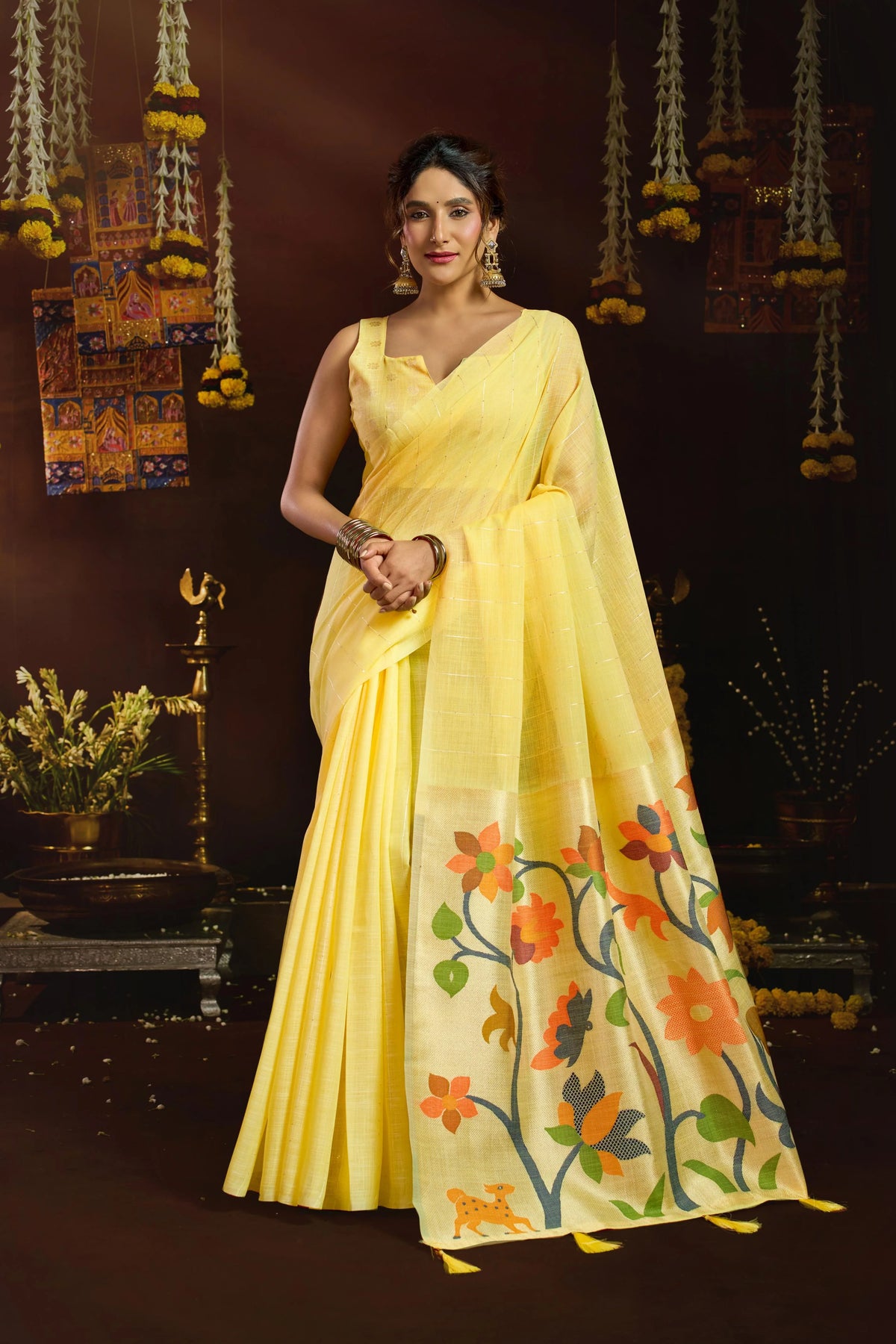Linen Sequence Yellow Casual Wear Jacquard Pallu Saree