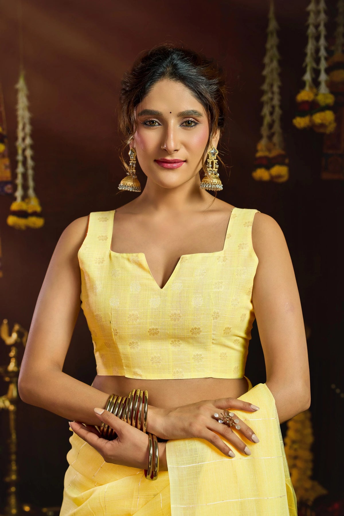 Linen Sequence Yellow Casual Wear Jacquard Pallu Saree