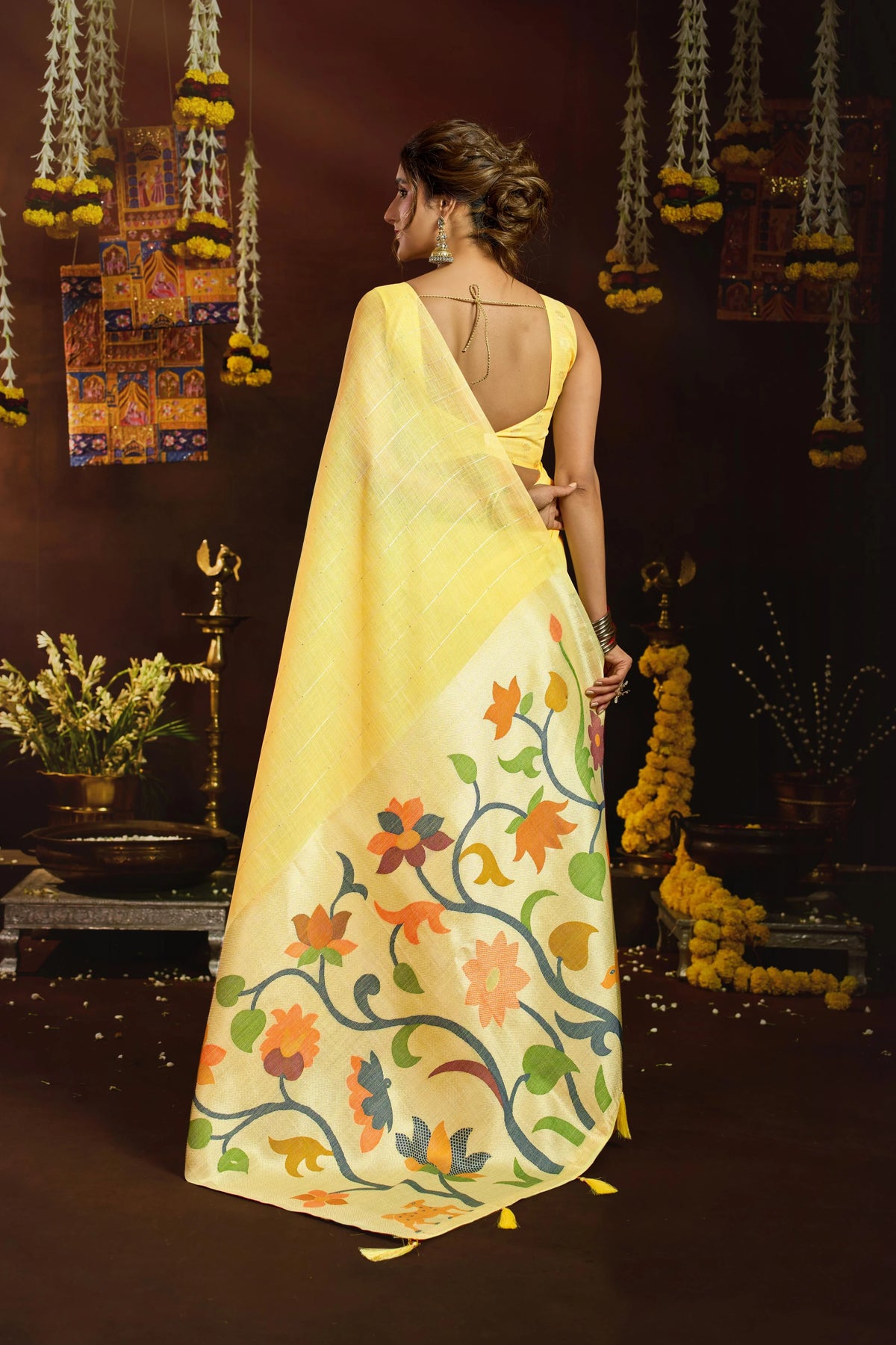 Linen Sequence Yellow Casual Wear Jacquard Pallu Saree