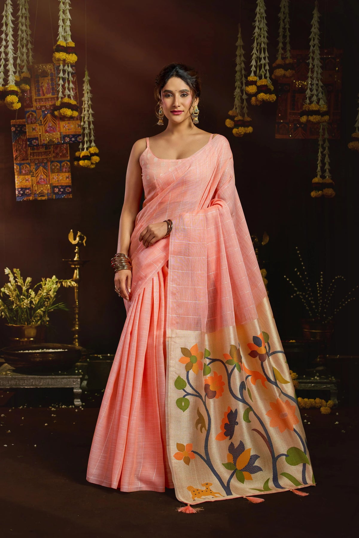 Linen Sequence Peach Casual Wear Jacquard Pallu Saree