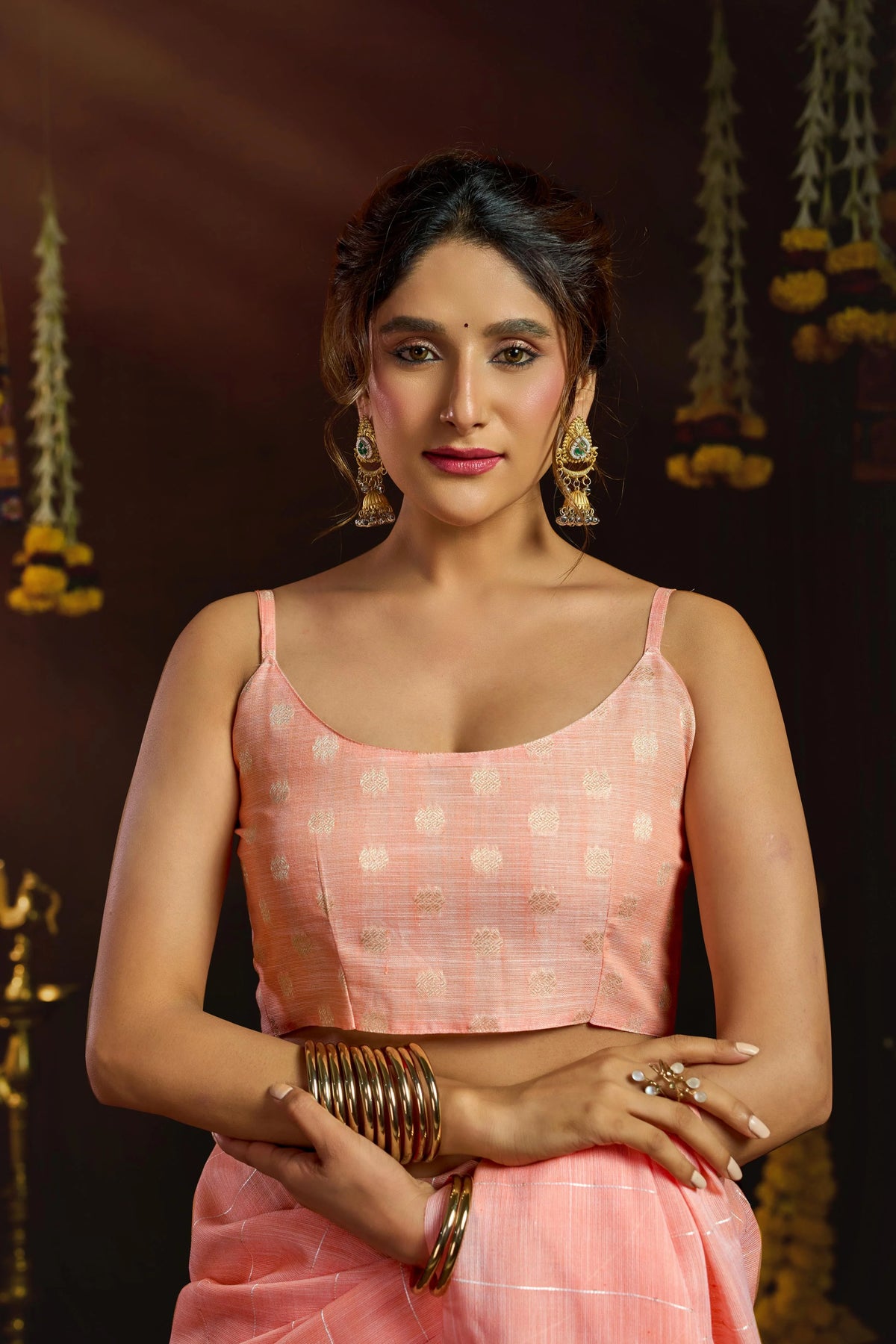 Linen Sequence Peach Casual Wear Jacquard Pallu Saree