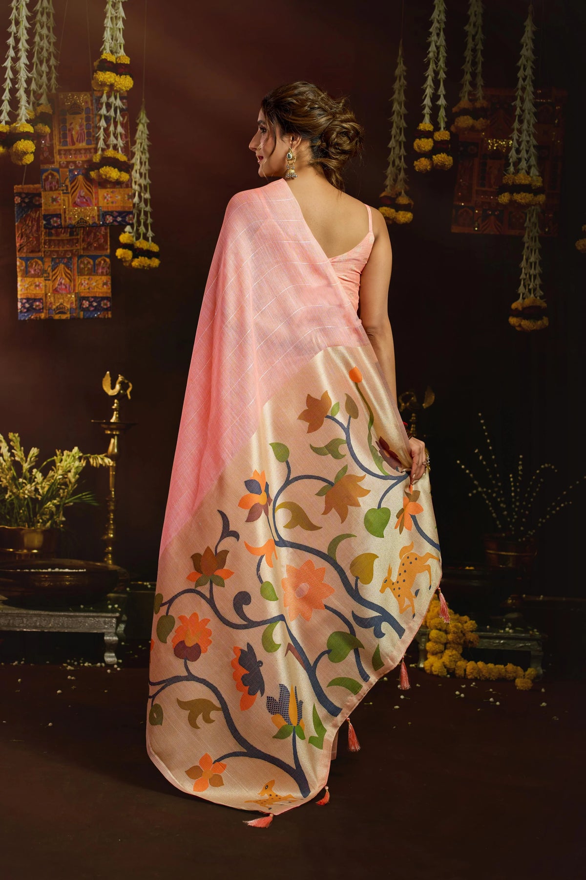 Linen Sequence Peach Casual Wear Jacquard Pallu Saree