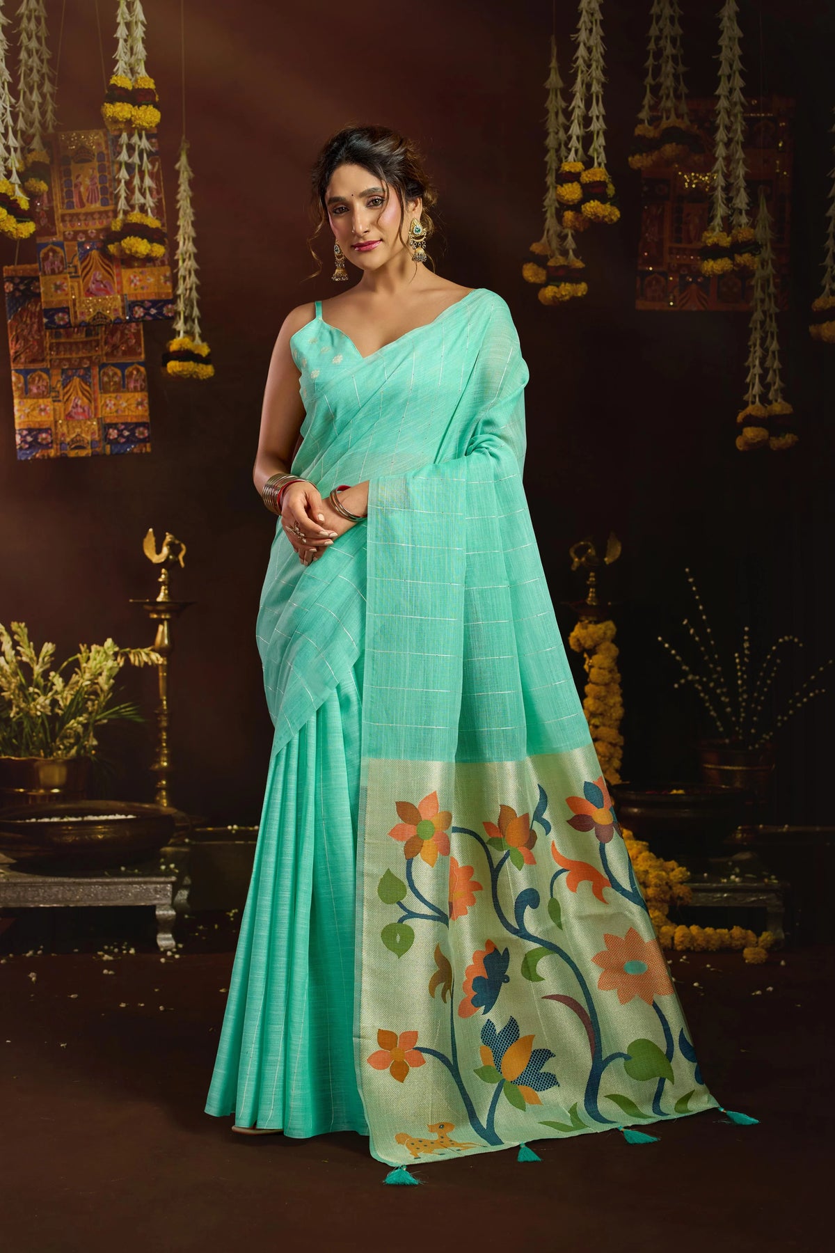 Linen Sequence Teal Casual Wear Jacquard Pallu Saree