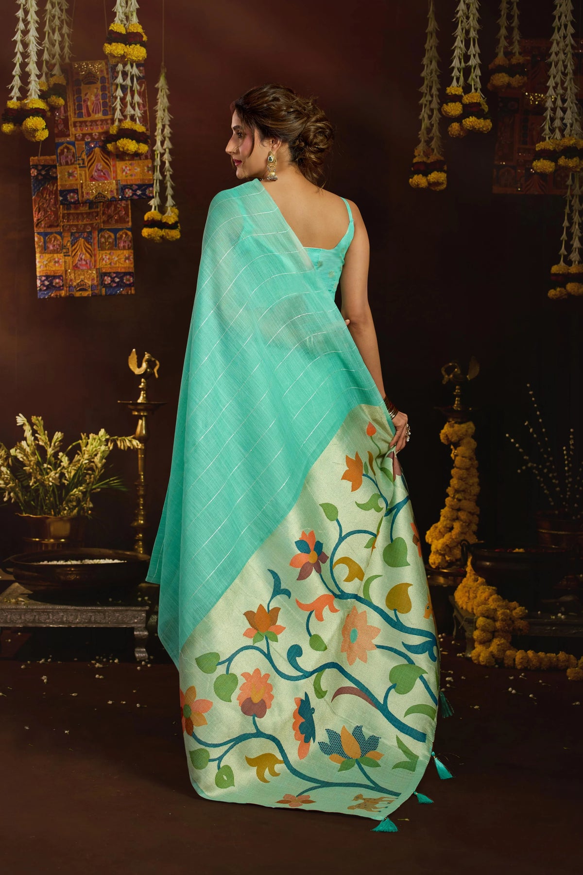 Linen Sequence Teal Casual Wear Jacquard Pallu Saree