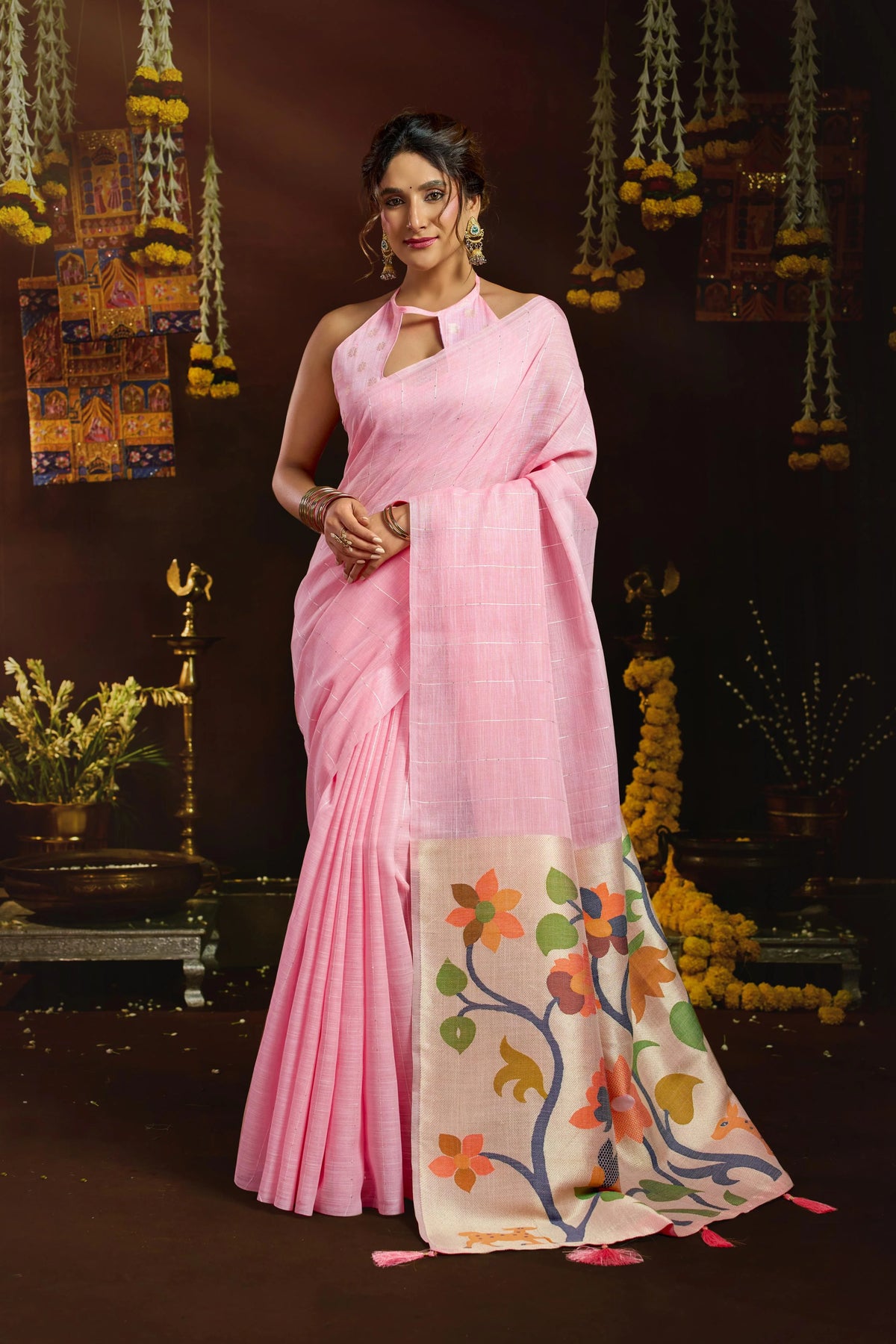 Linen Sequence Pink Casual Wear Jacquard Pallu Saree
