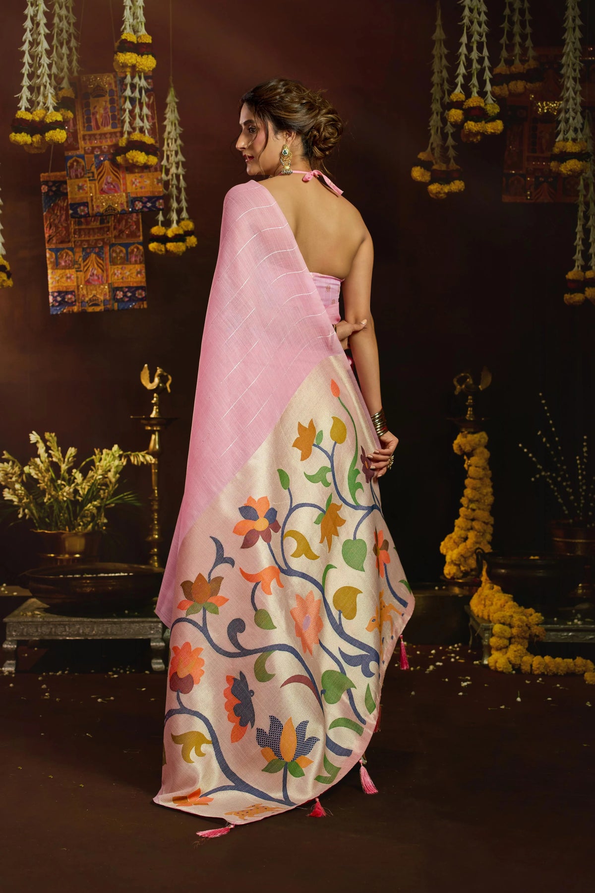 Linen Sequence Pink Casual Wear Jacquard Pallu Saree