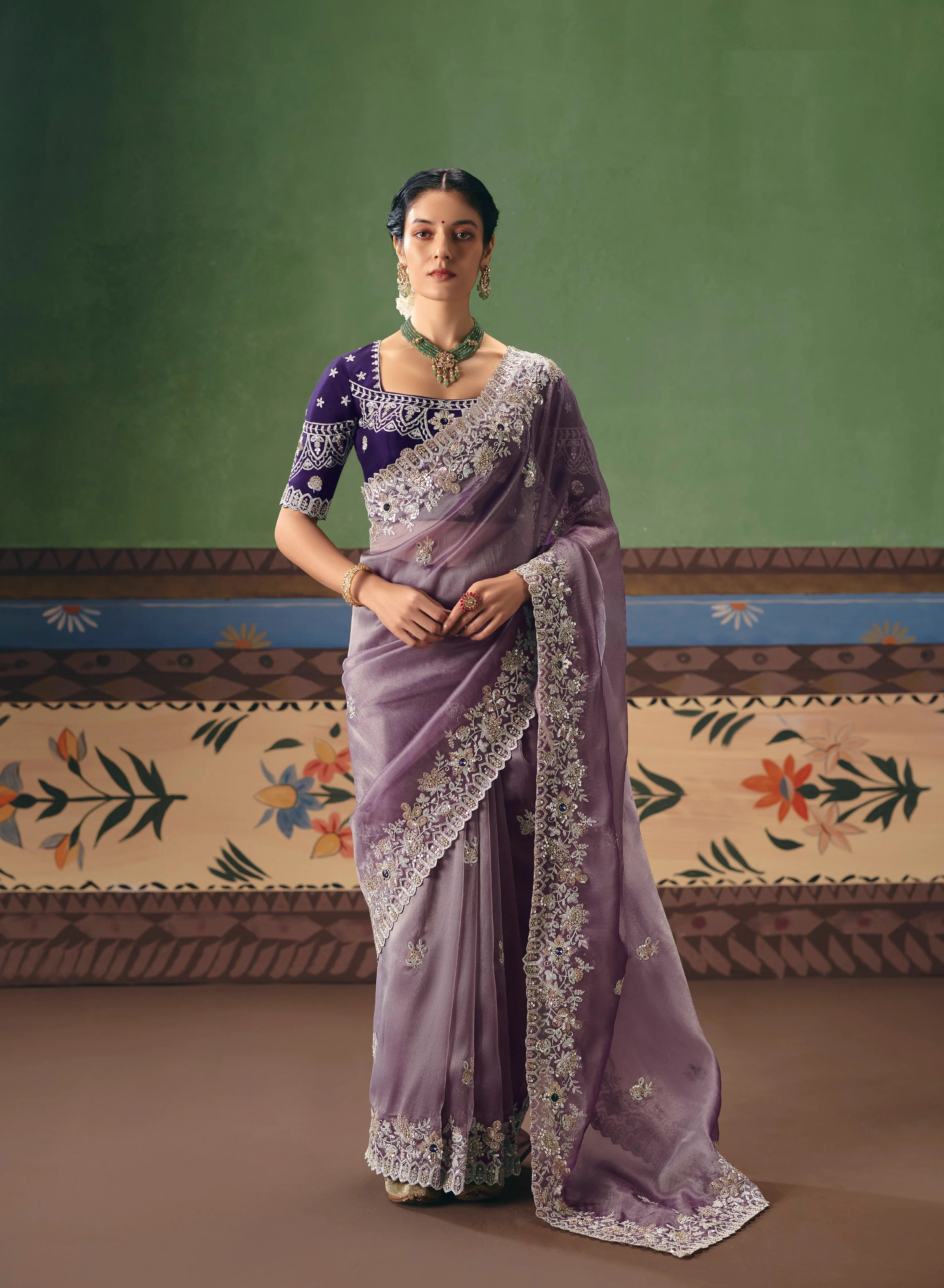 Organza Tissue  Party Wear Lavender With  Sequence Work