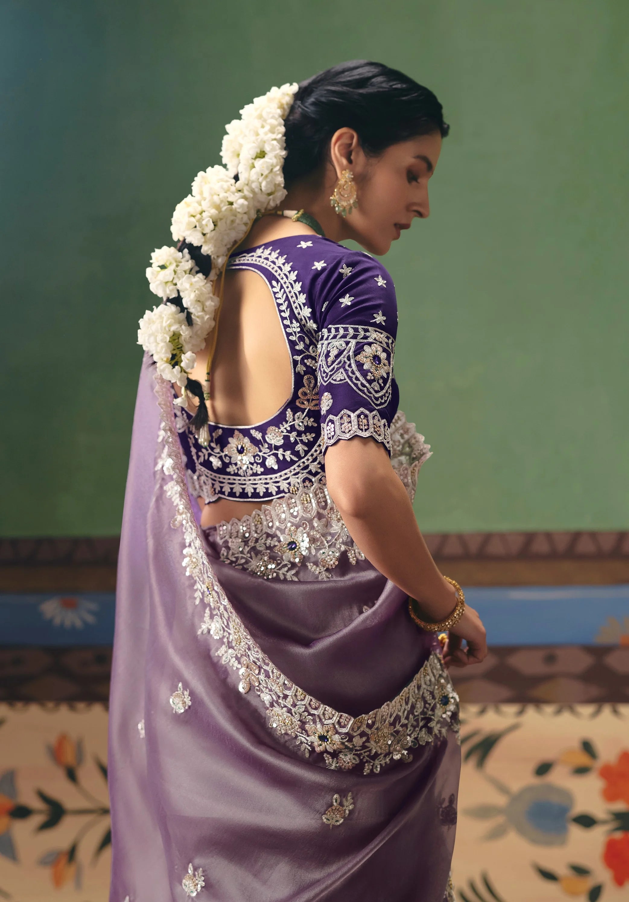 Organza Tissue  Party Wear Lavender With  Sequence Work