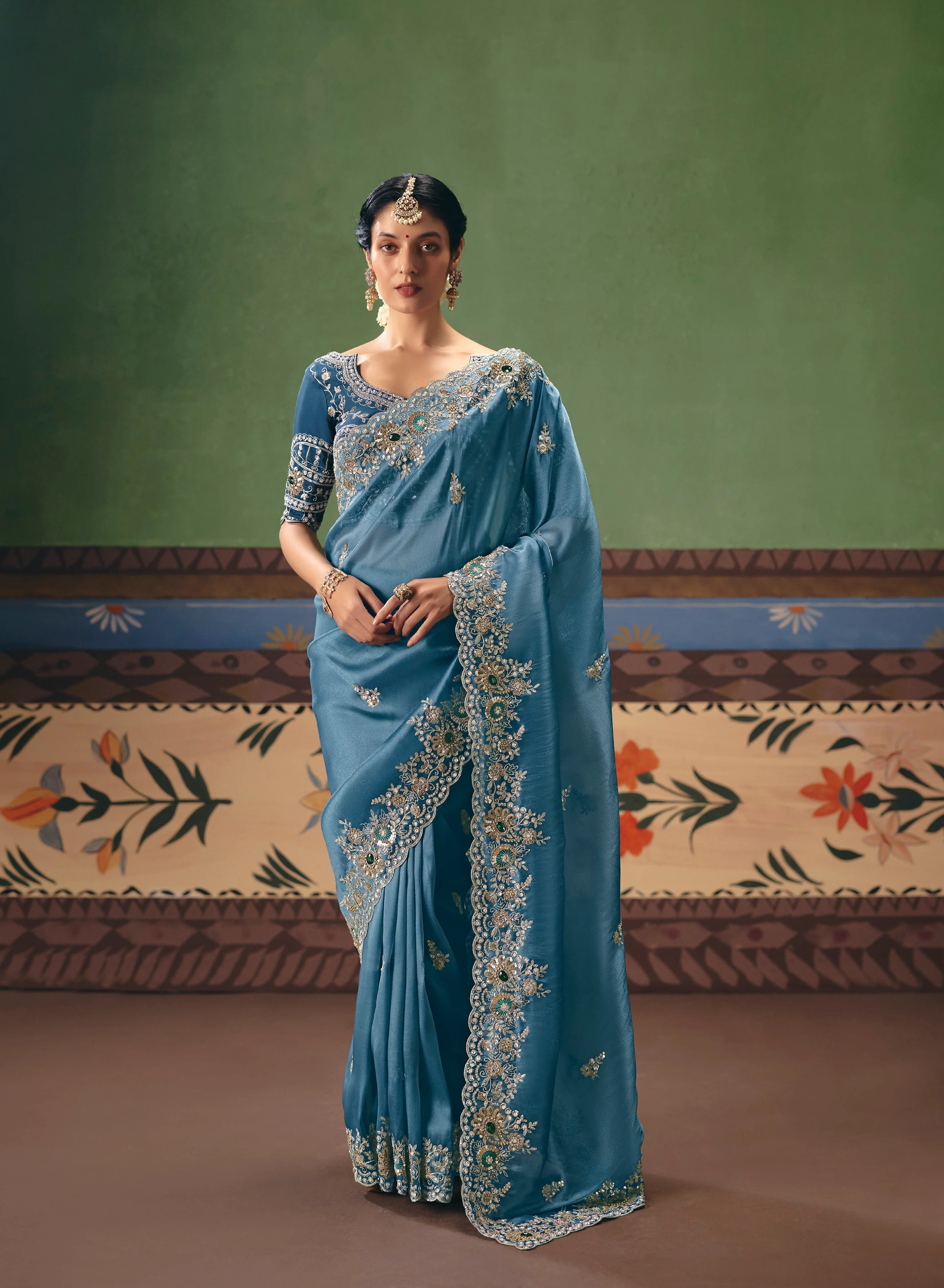Tissue Silk Party Wear Blue With Sequence Work