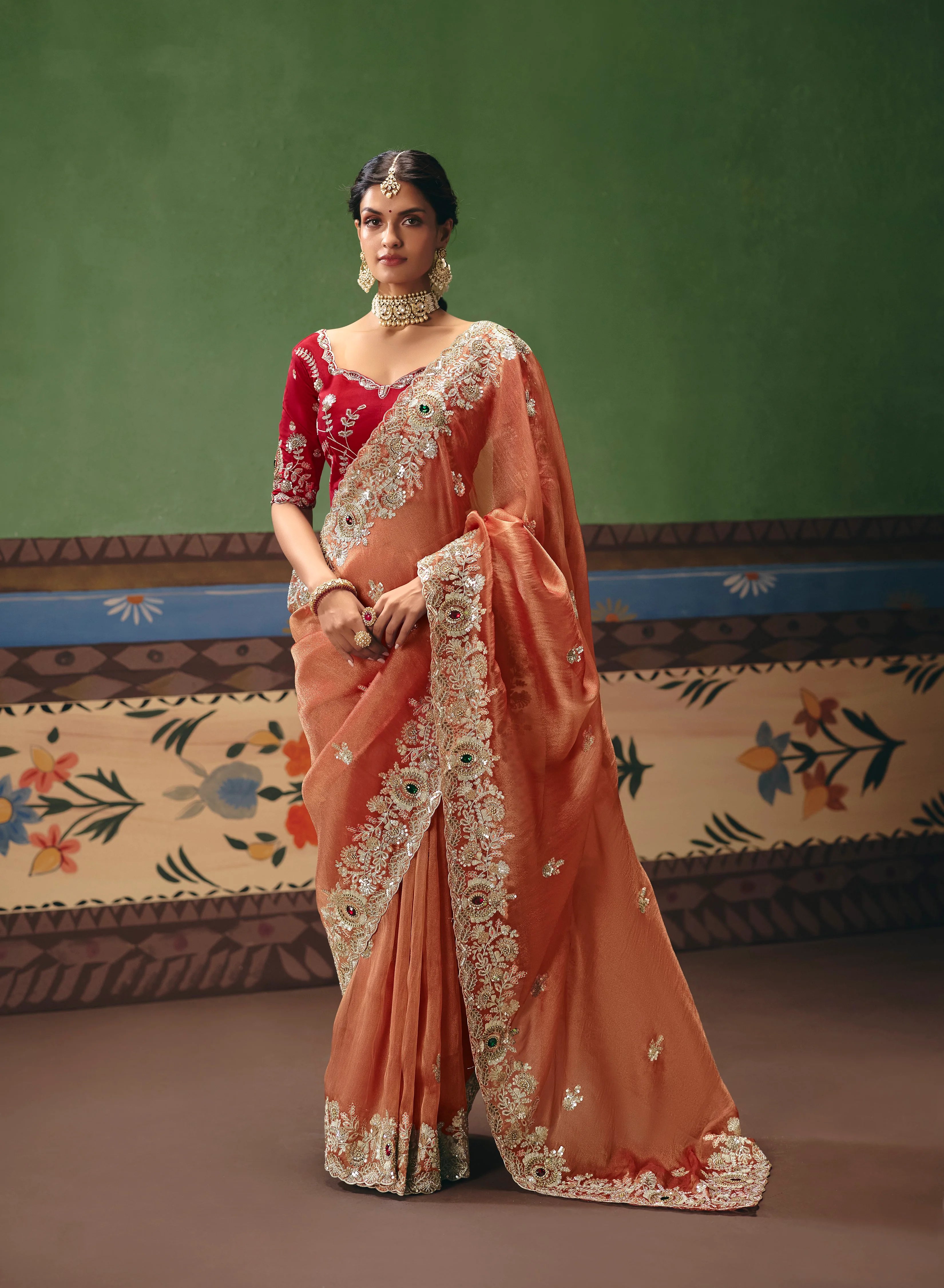 Organza Tissue  Party Wear Rust Orange With  Sequence Work