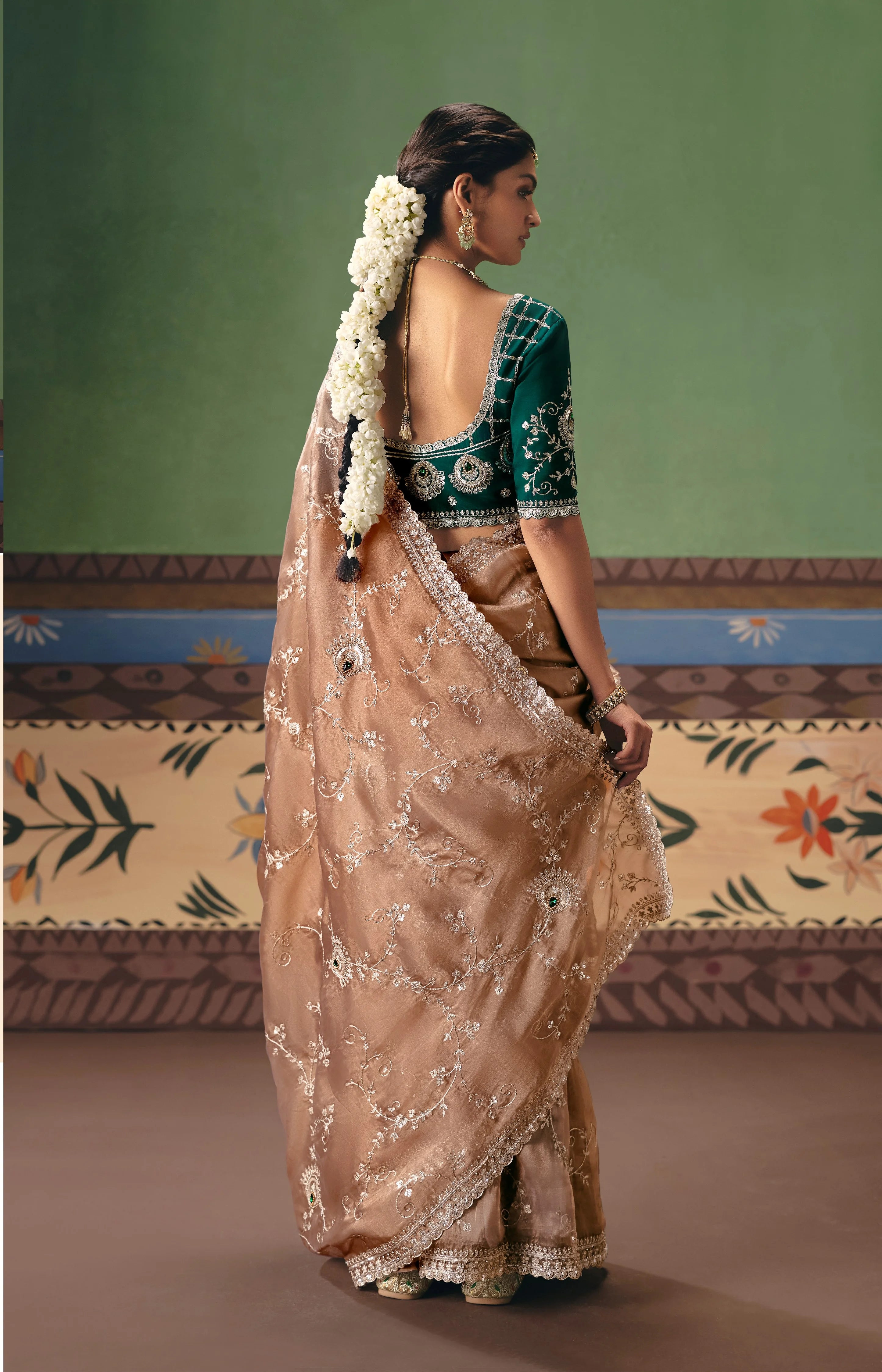 Organza Tissue  Party Wear Beige With Sequence Work