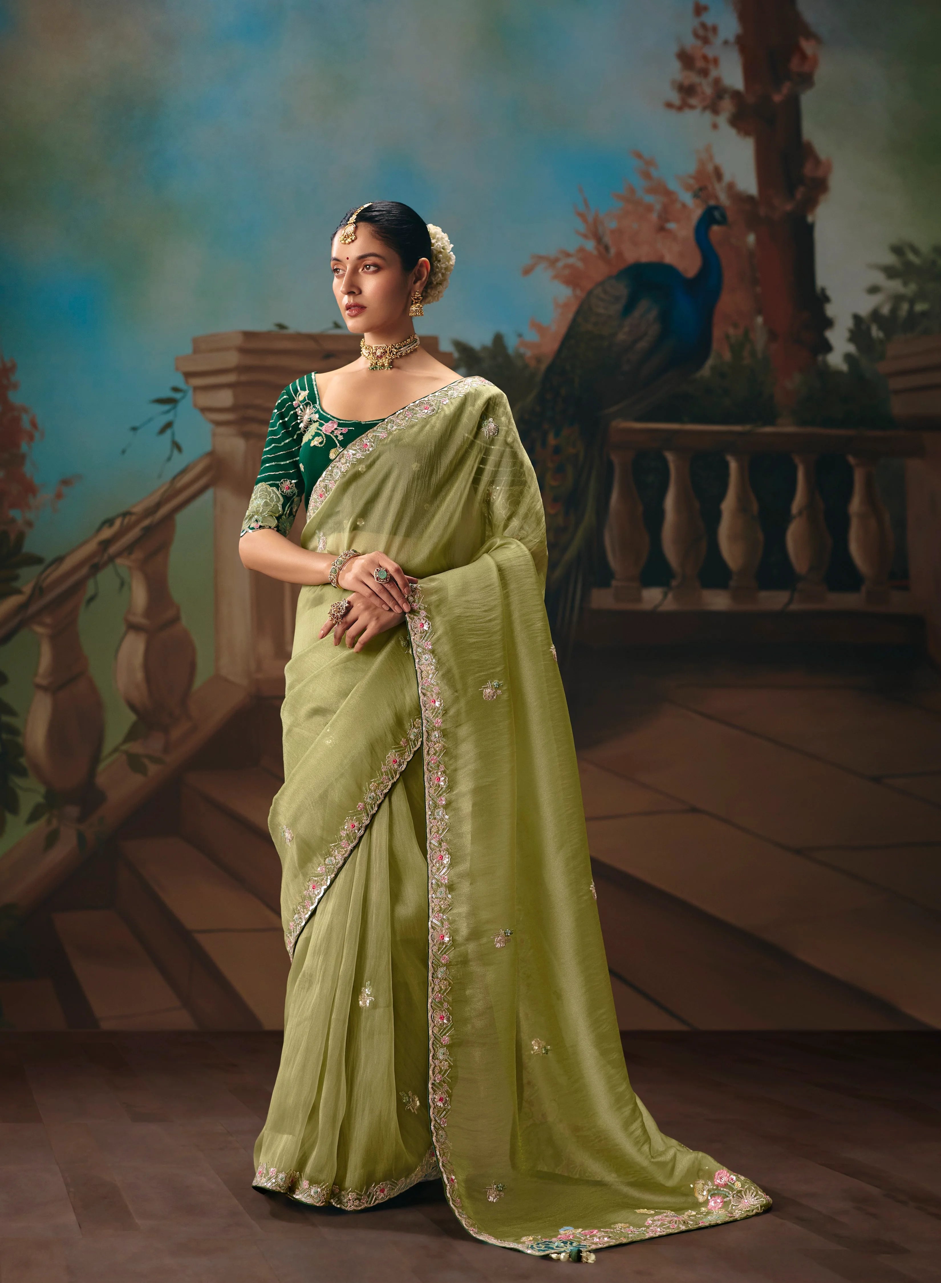 Tissue Festival Wear Green With Thread Work