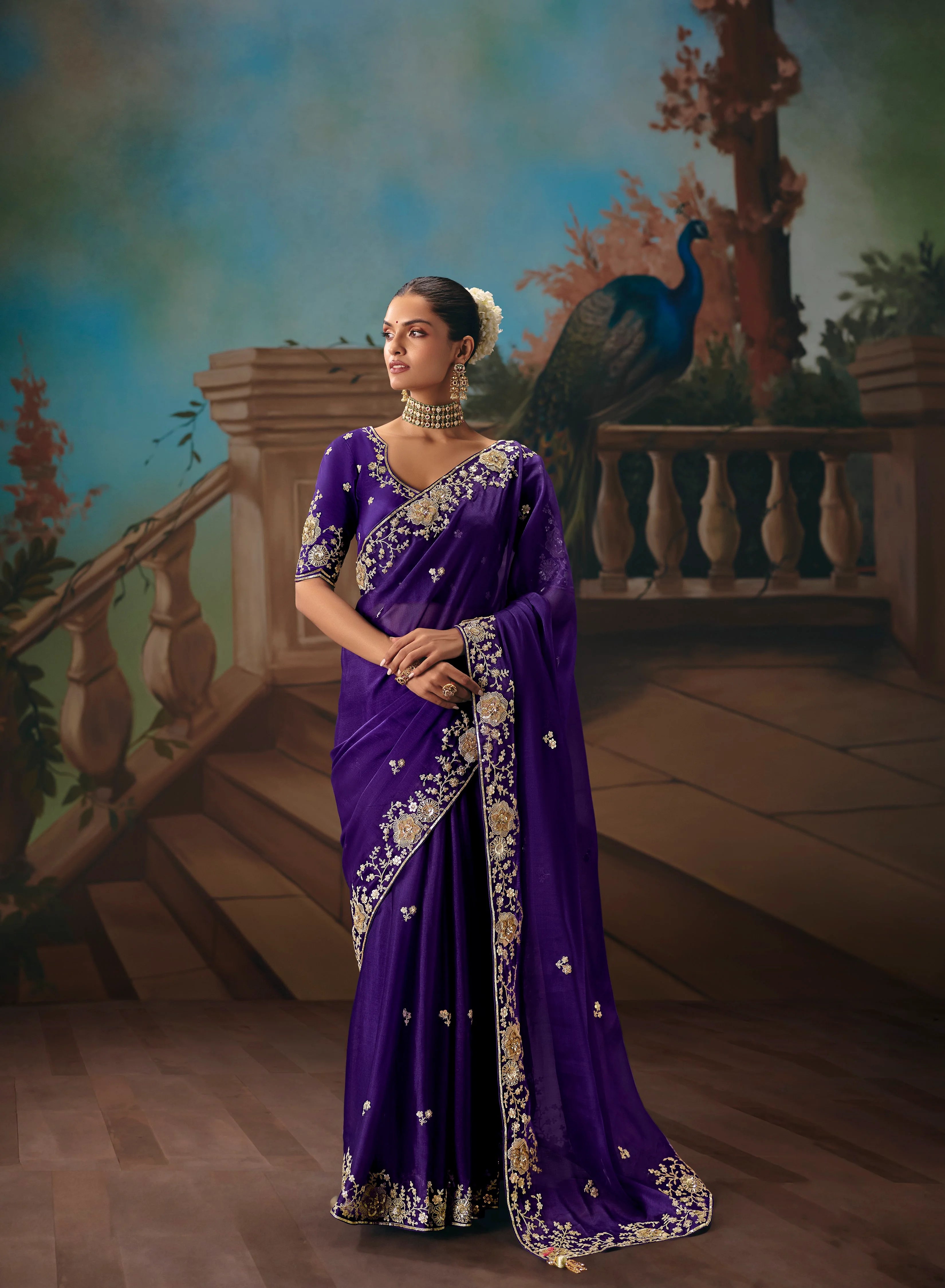 Tissue Festival Wear Purple With Thread Work