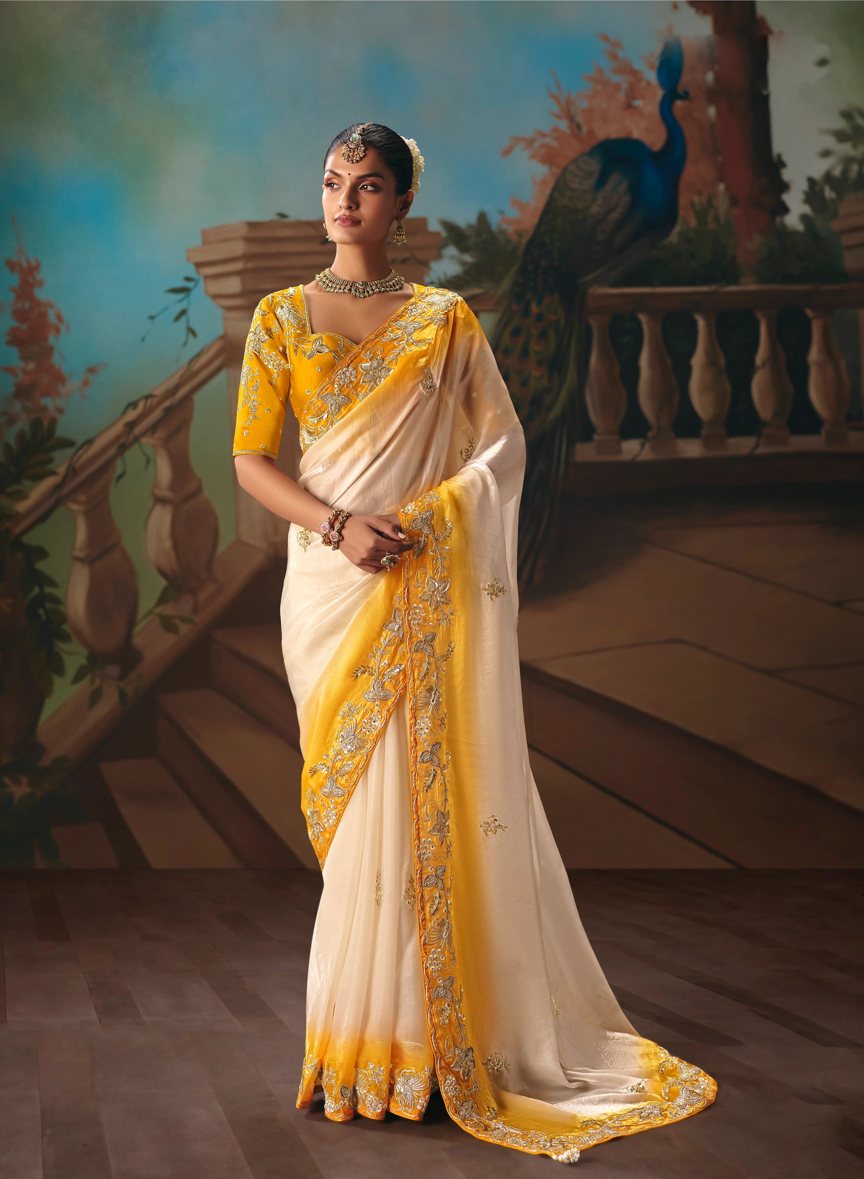 Tissue Festival Wear Yellow With Thread Work