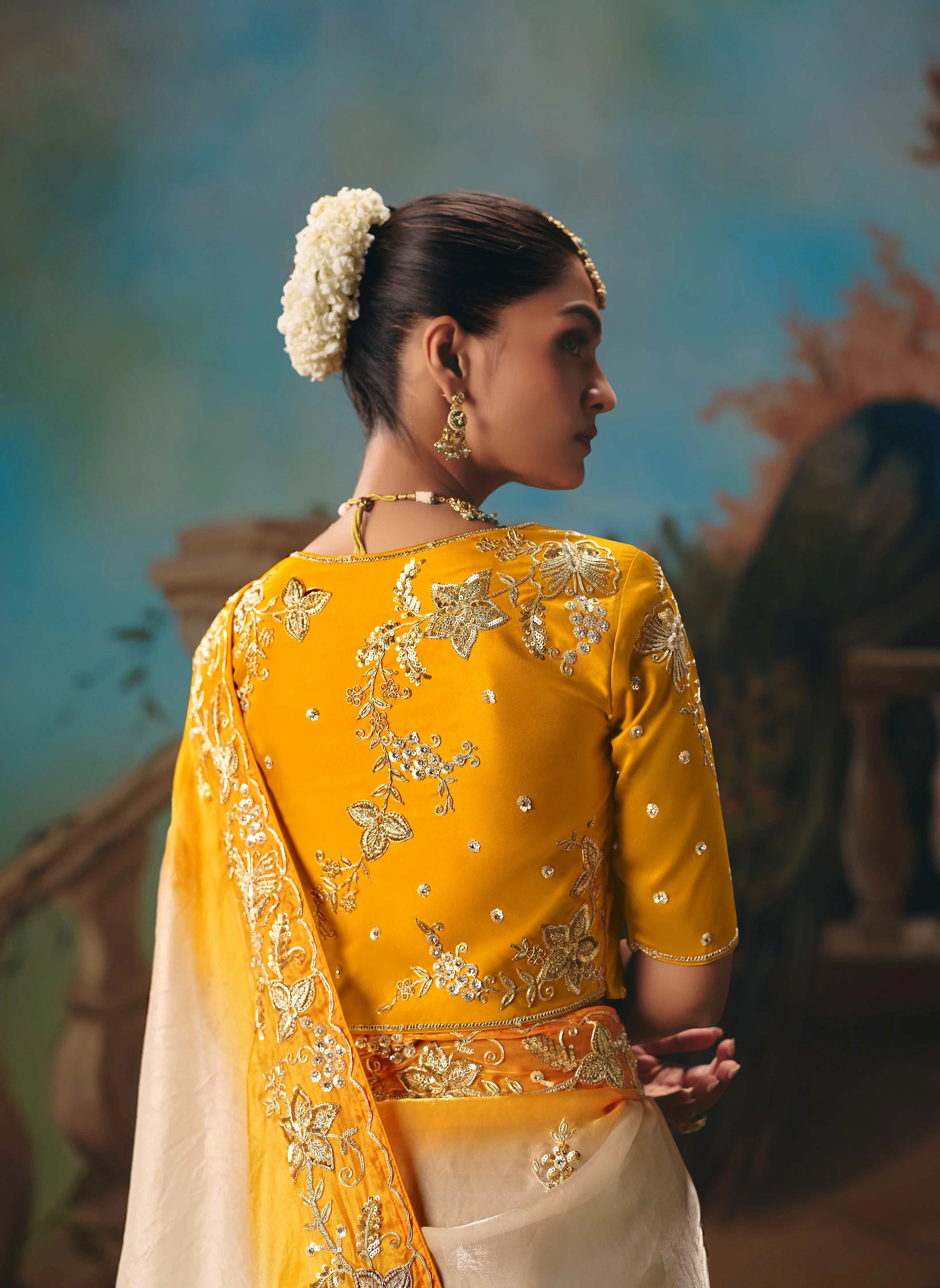 Tissue Festival Wear Yellow With Thread Work