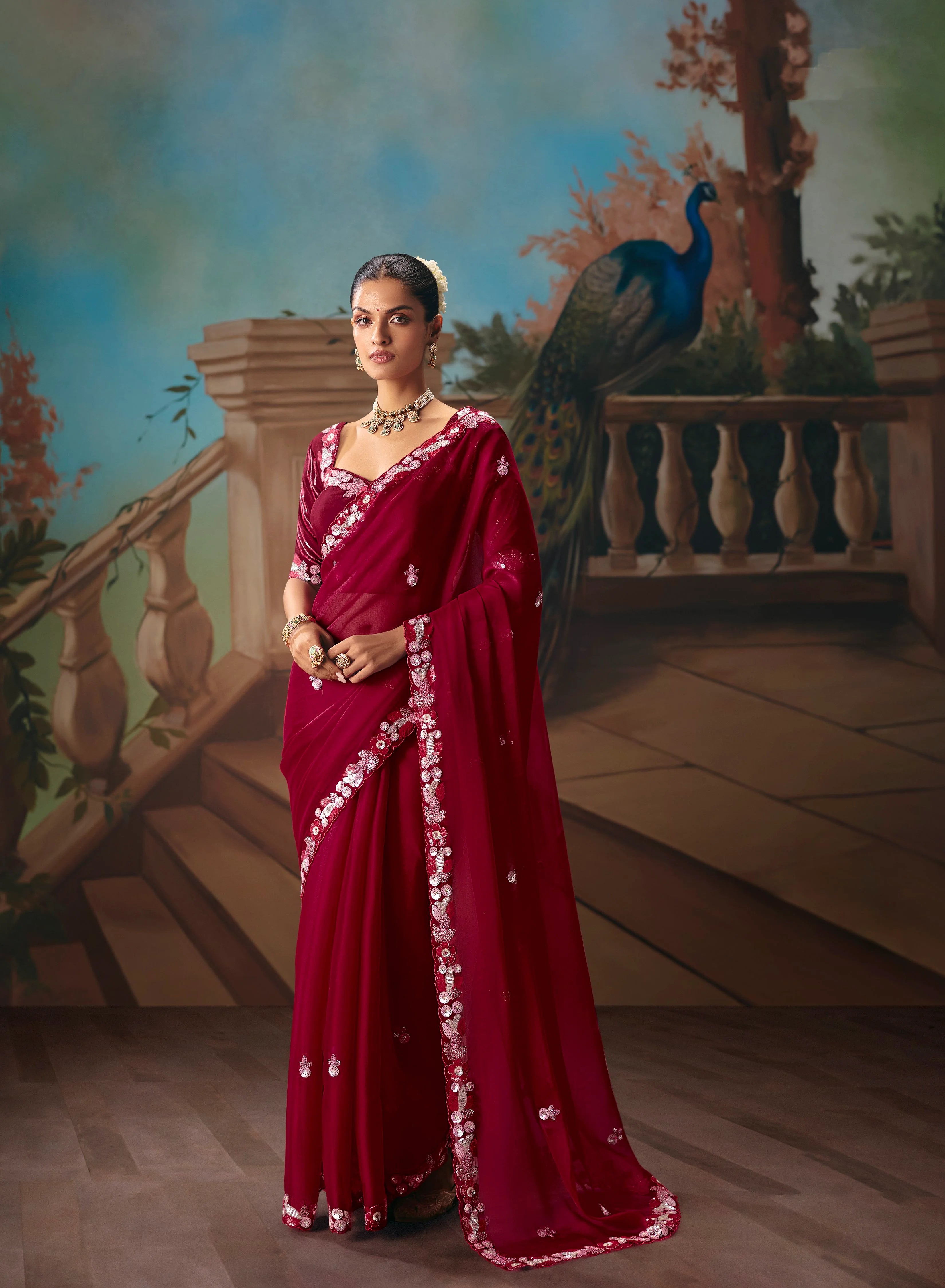 Tissue Festival Wear Wine With Thread Work