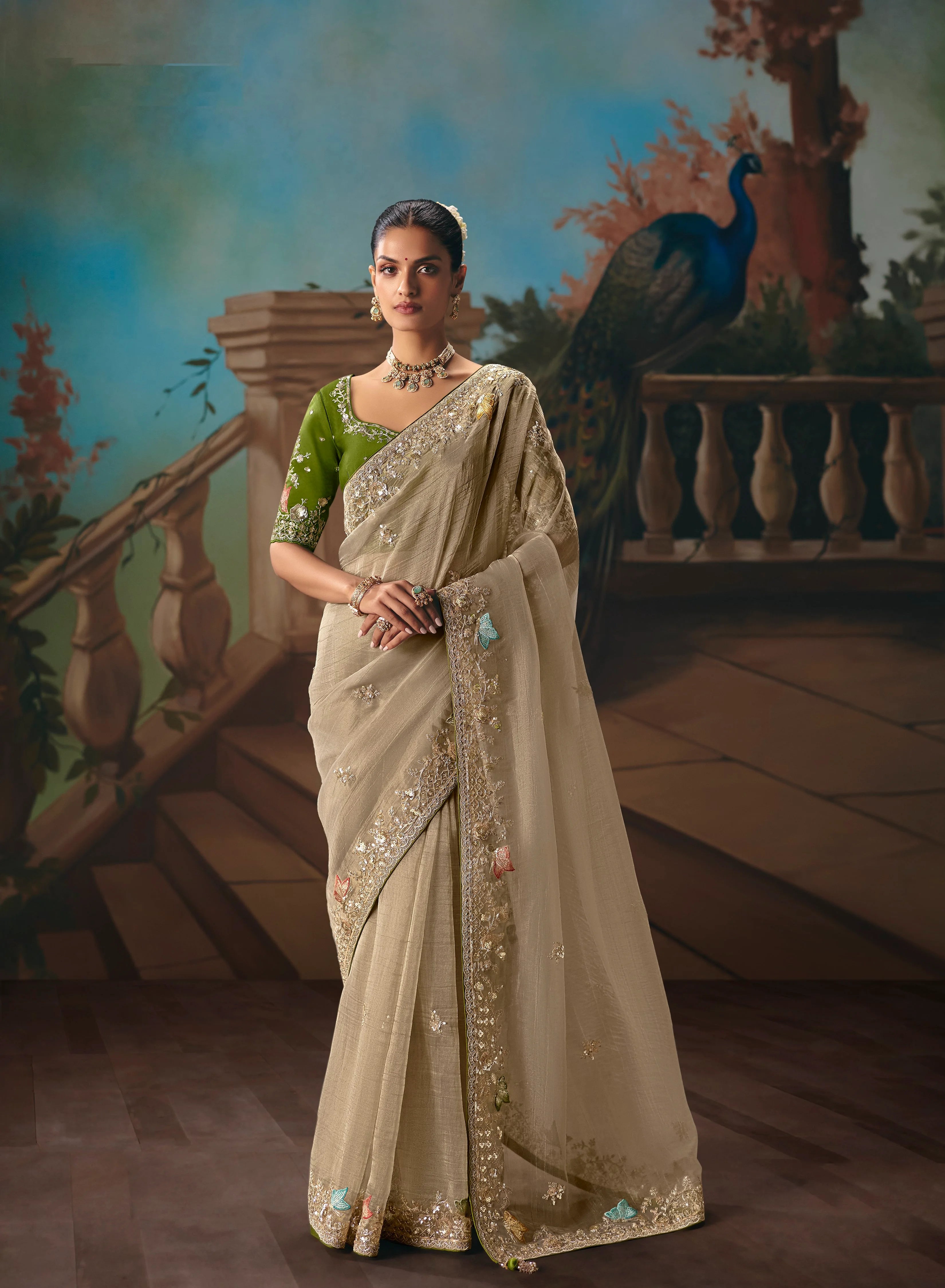Tissue Festival Wear Beige With Thread Work
