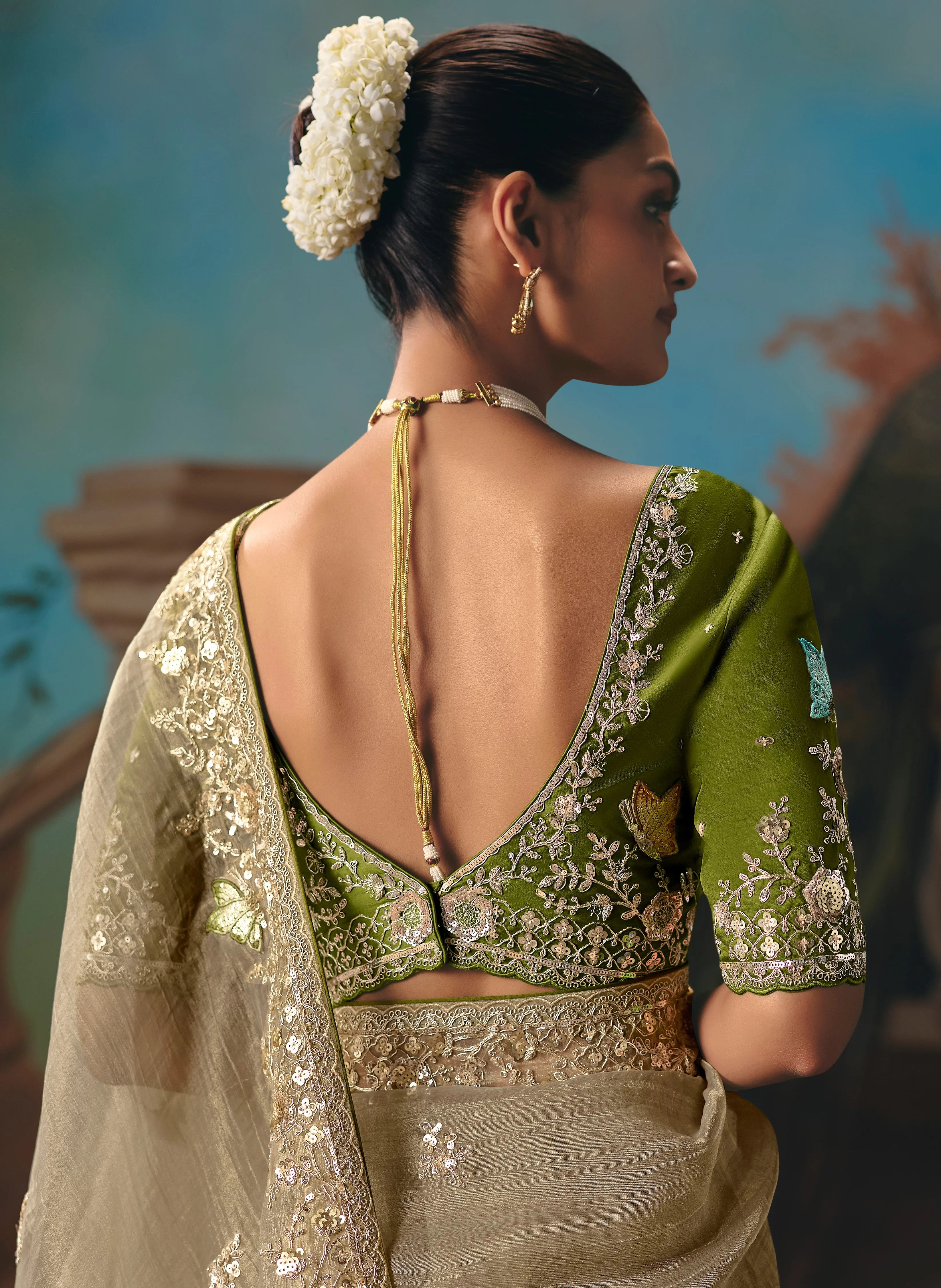 Tissue Festival Wear Beige With Thread Work