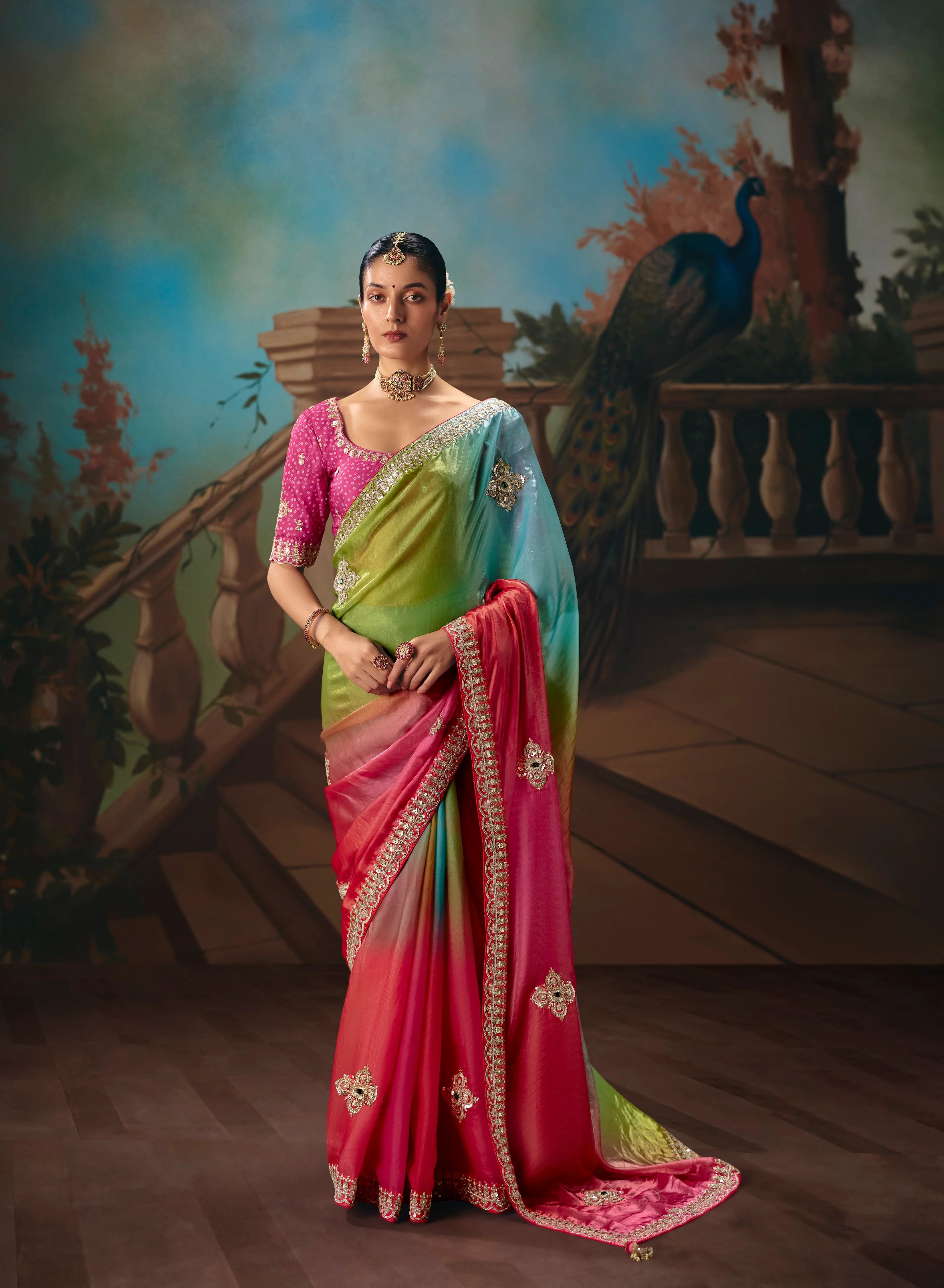 Tissue Festival Wear Multicolor With Thread Work