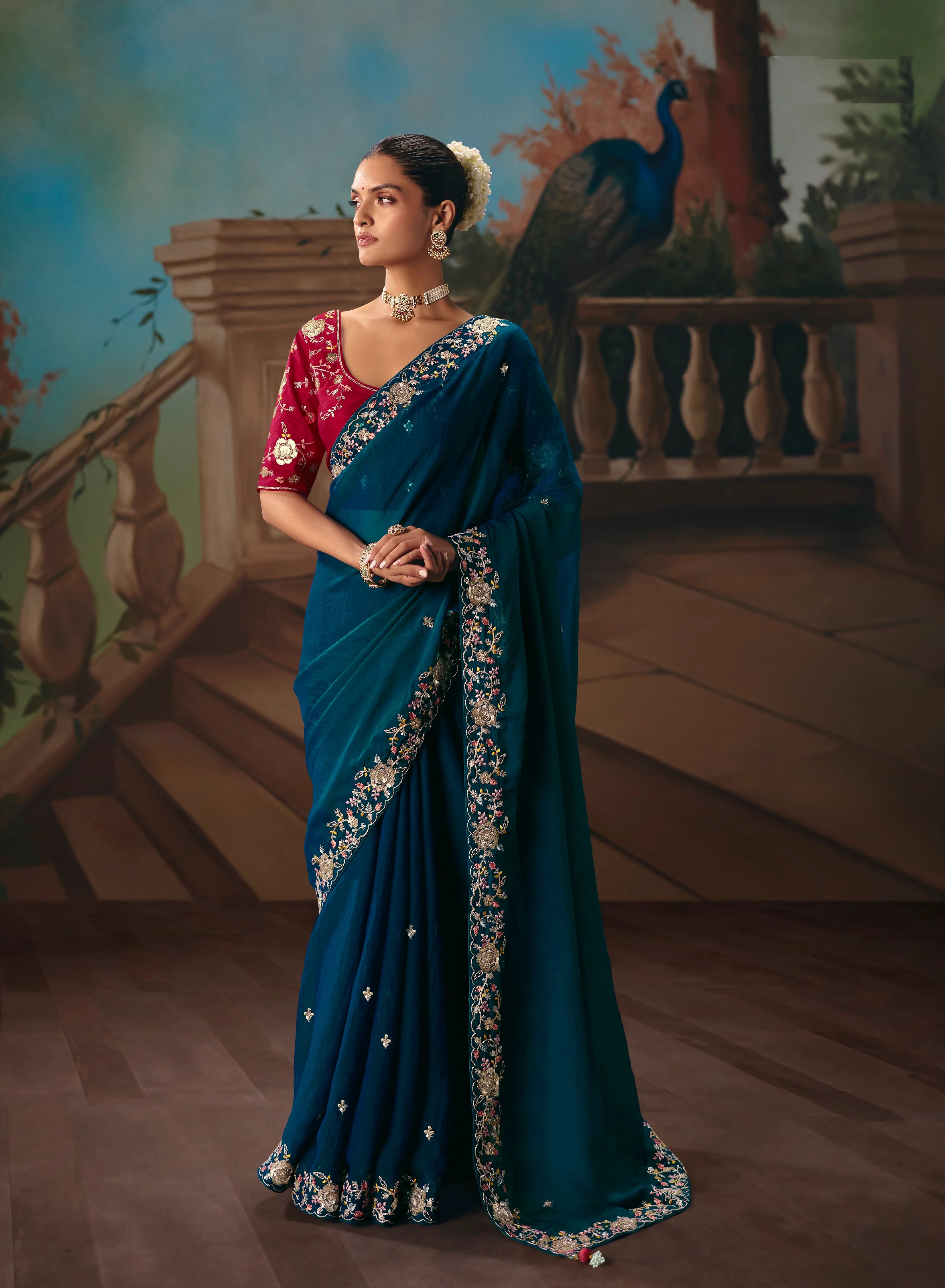 Tissue Festival Wear Peacock Blue With Thread Work