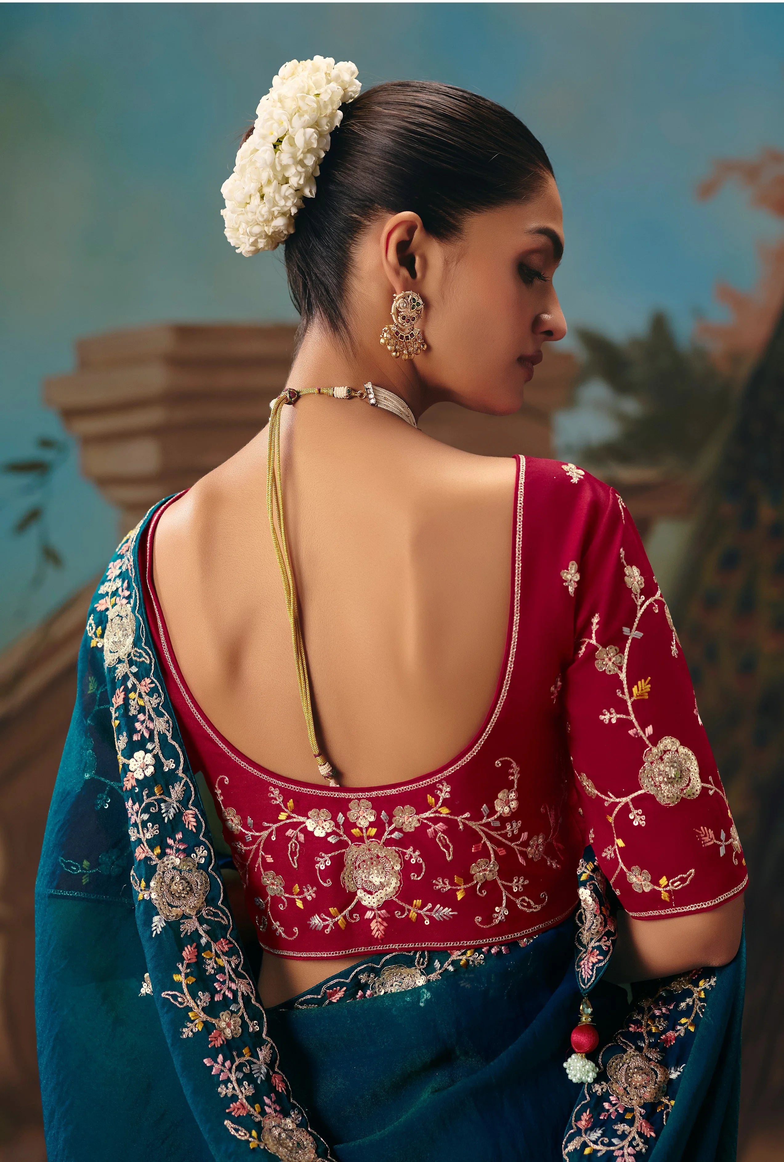 Tissue Festival Wear Peacock Blue With Thread Work