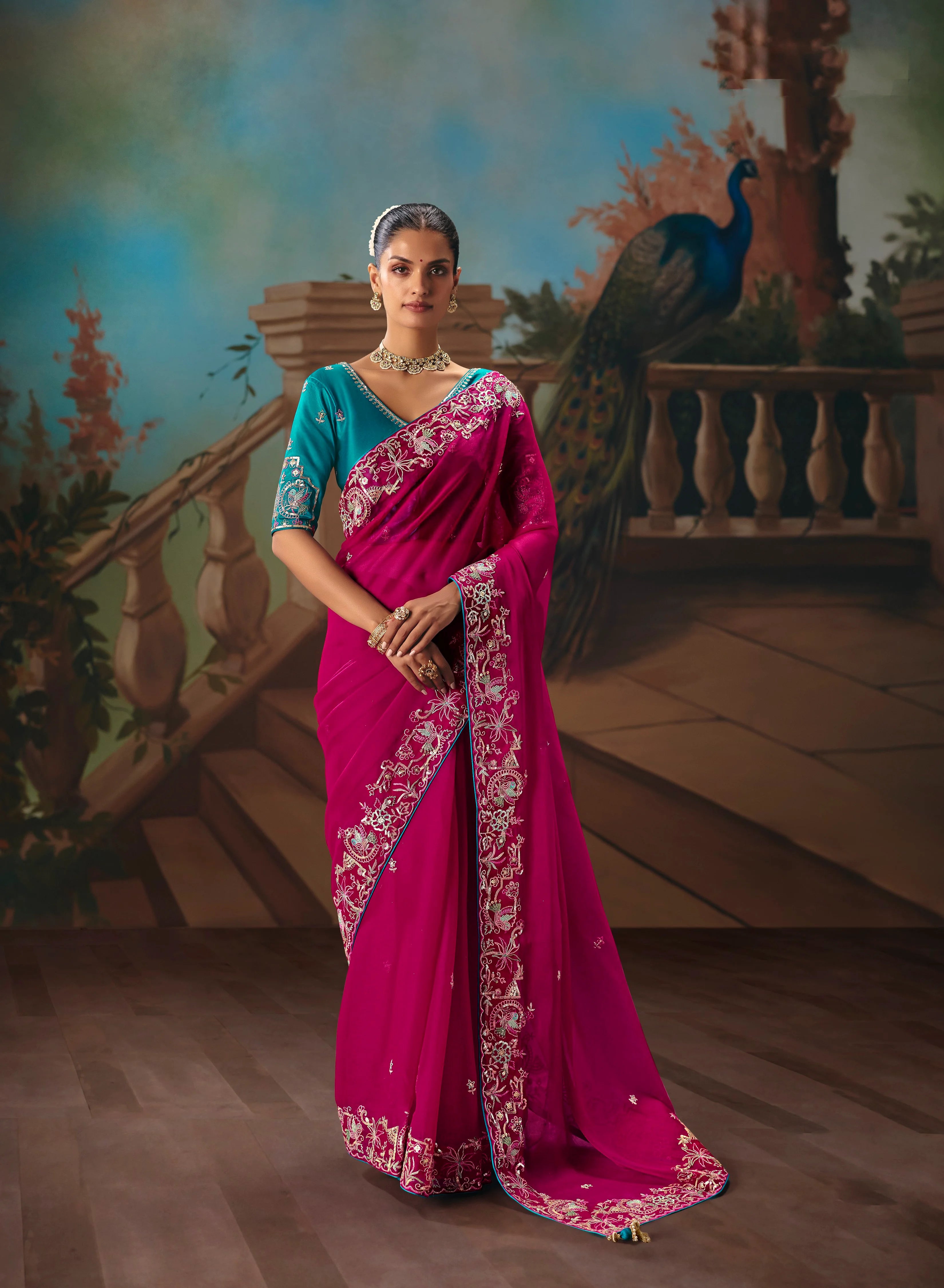 Tissue Festival Wear Magenta With Thread Work