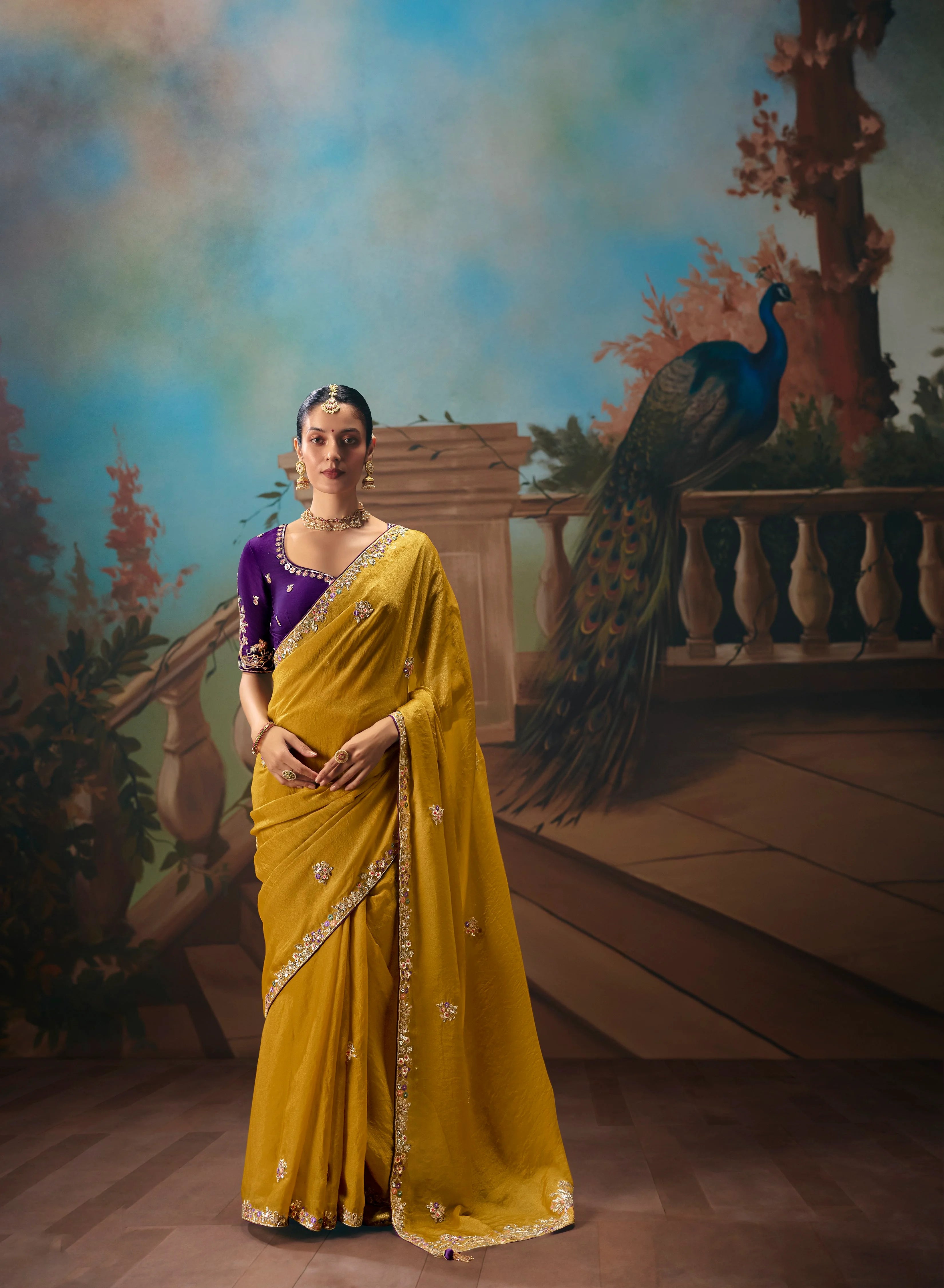 Tissue Festival Wear Mustard With Thread Work