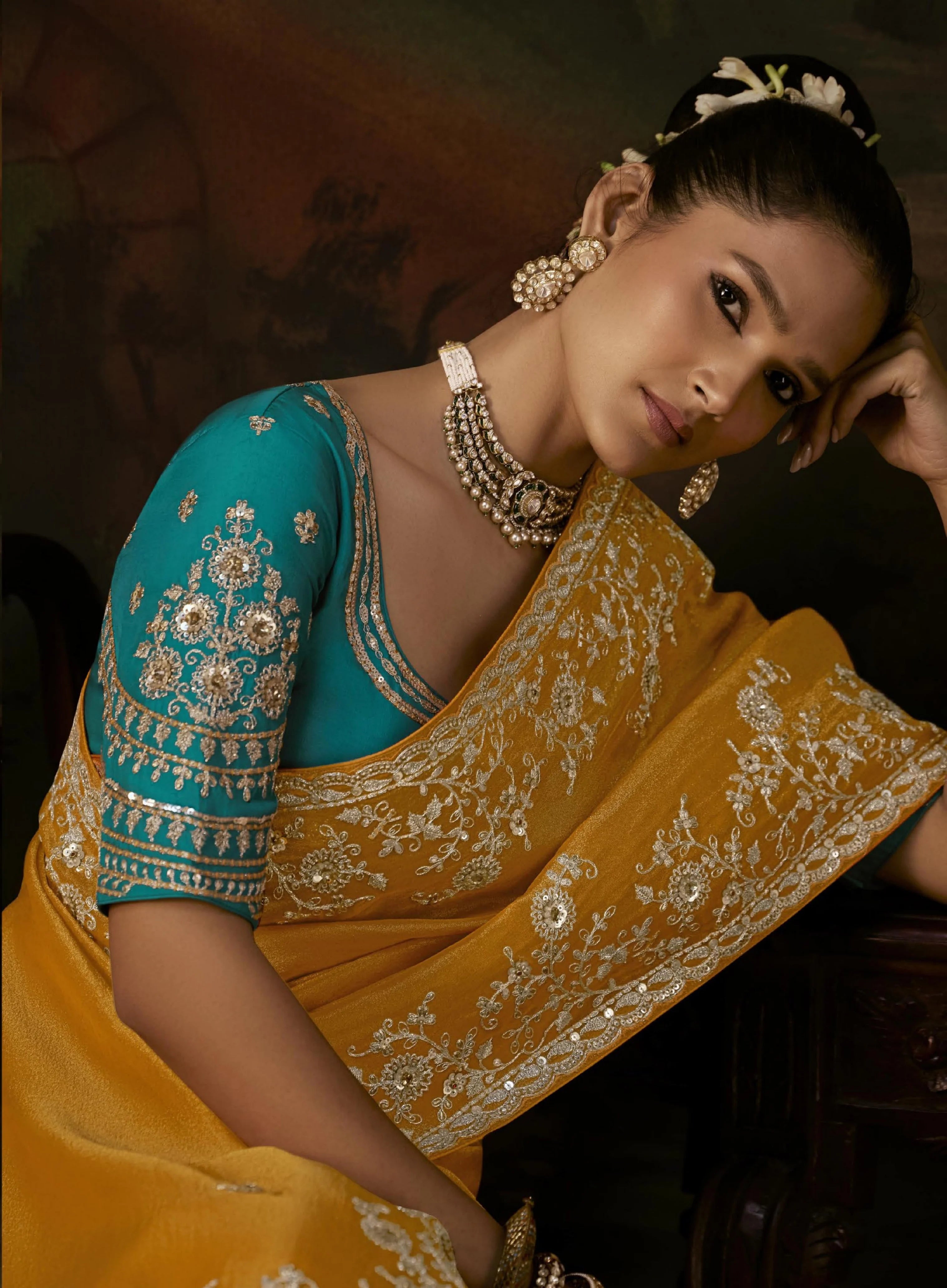 Viscose Tissue Party Wear Mustard With Sequence Work