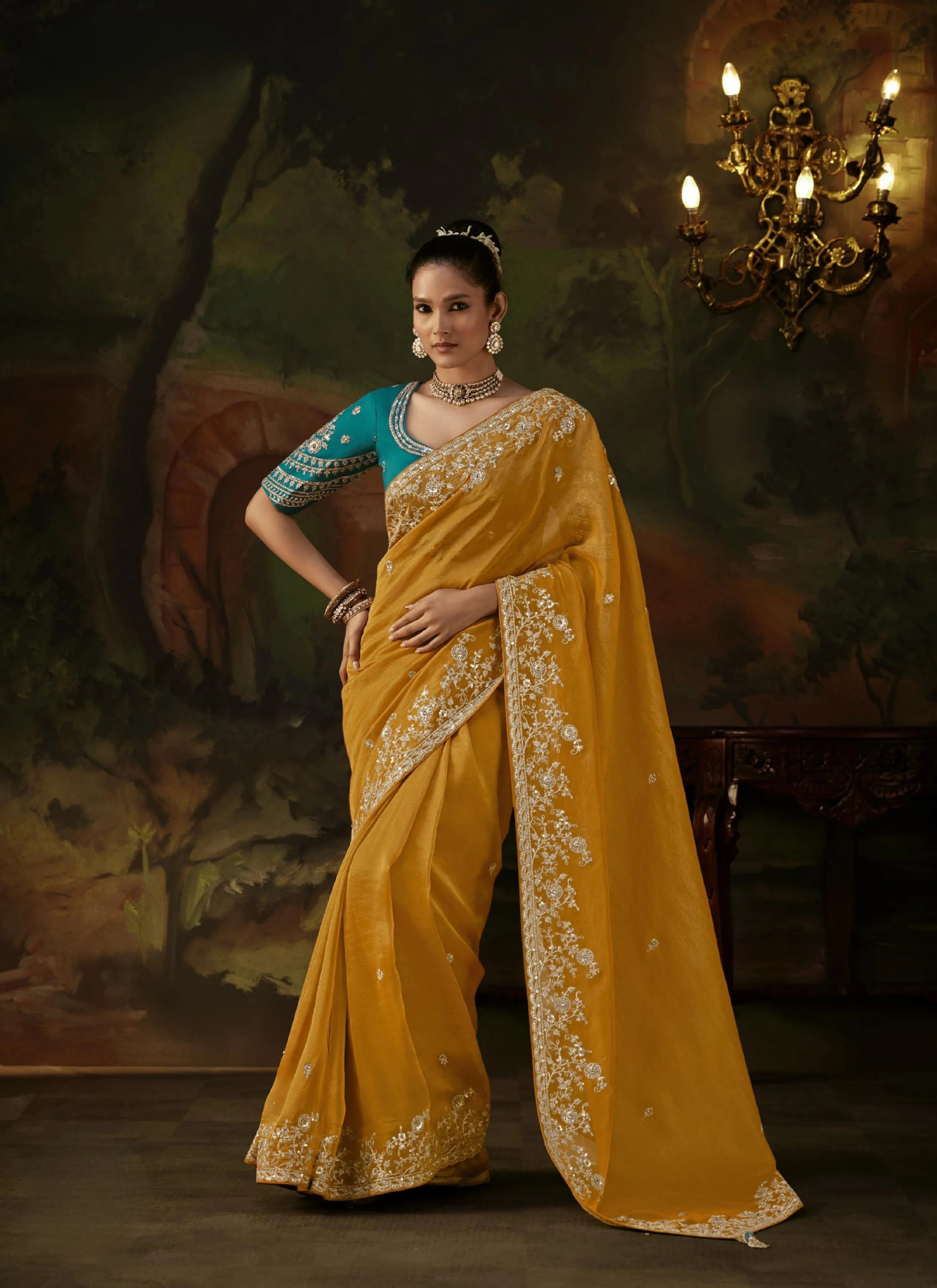 Viscose Tissue Party Wear Mustard With Sequence Work