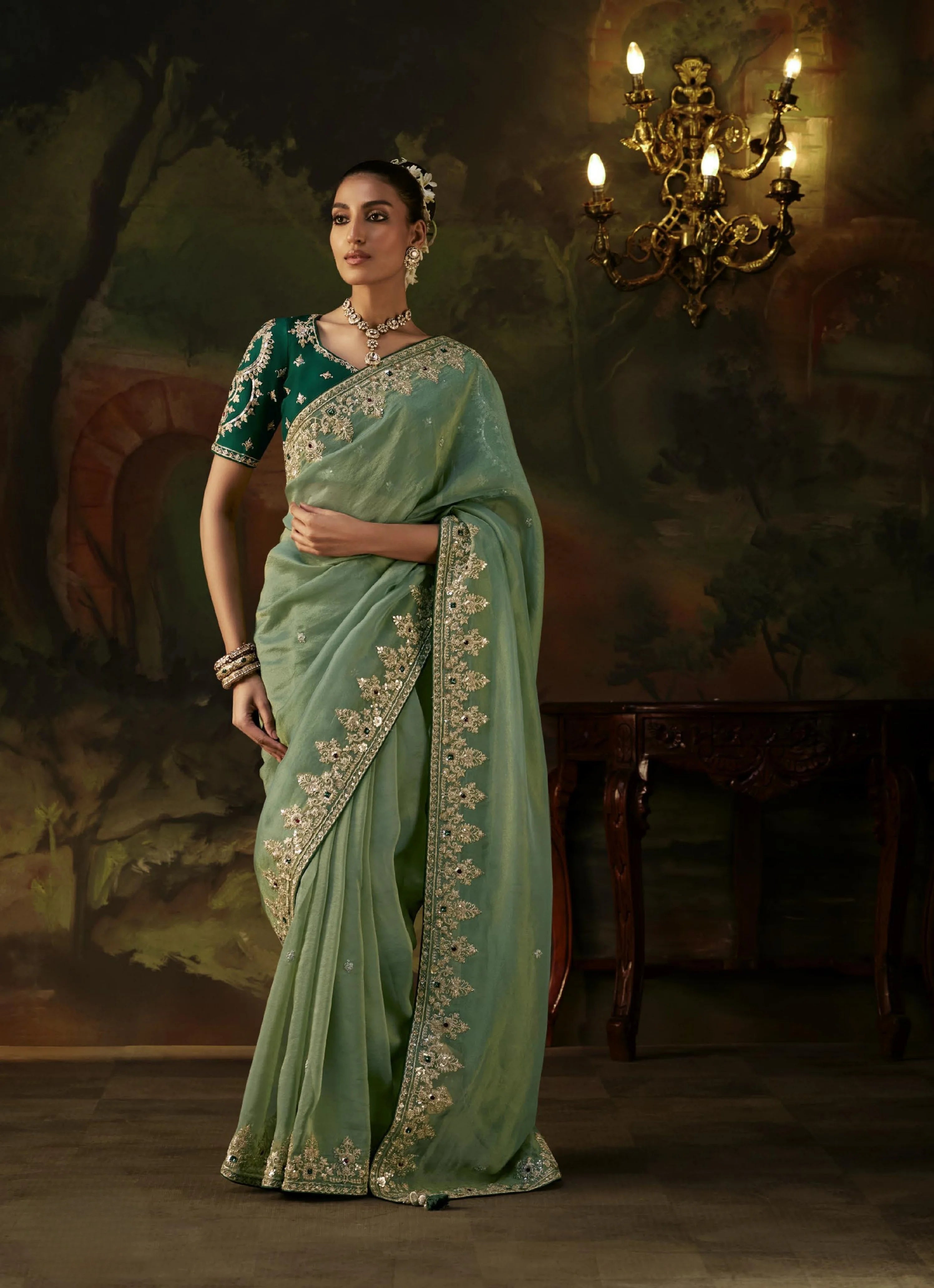Viscose Tissue Party Wear Green With Sequence Work
