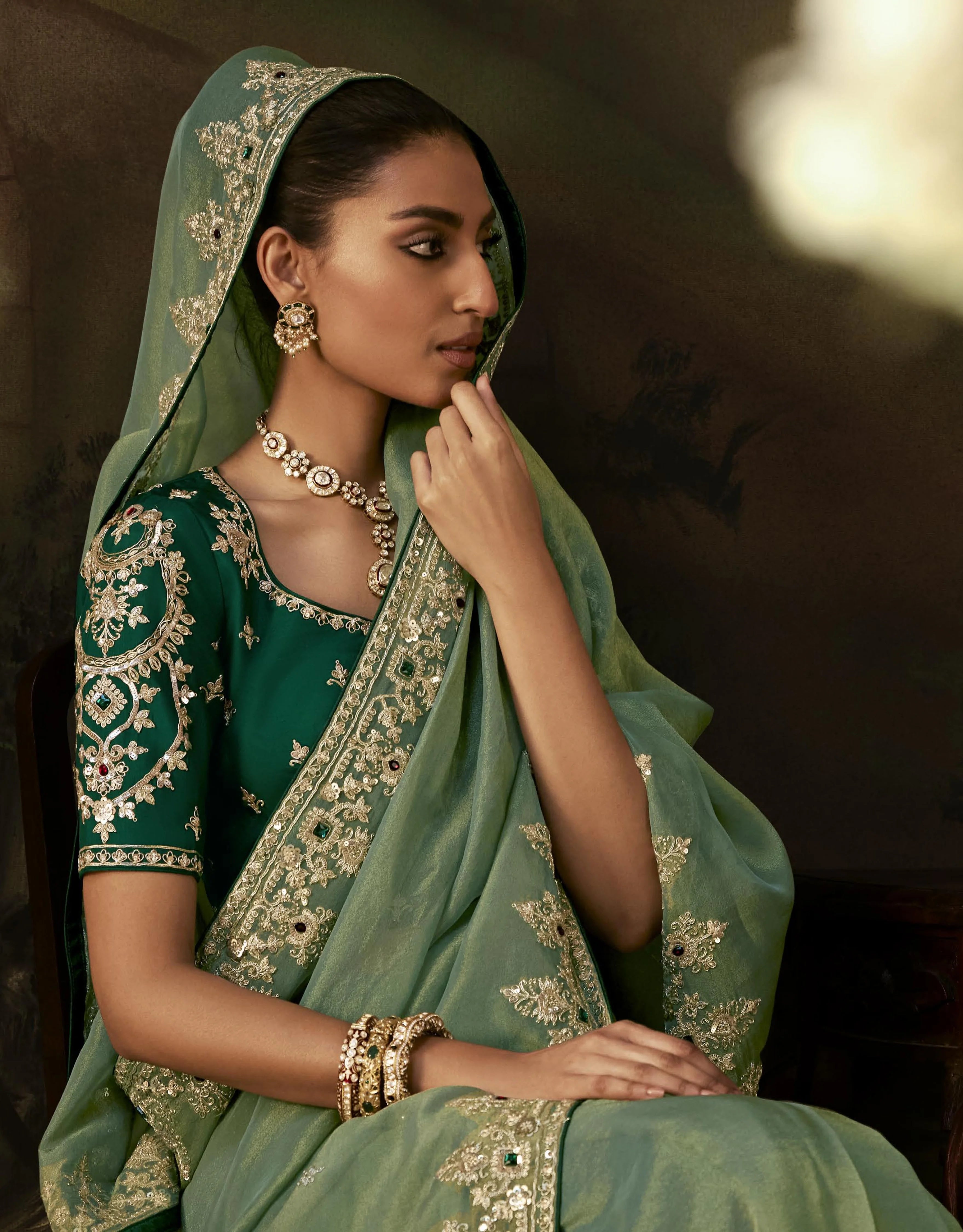 Viscose Tissue Party Wear Green With Sequence Work